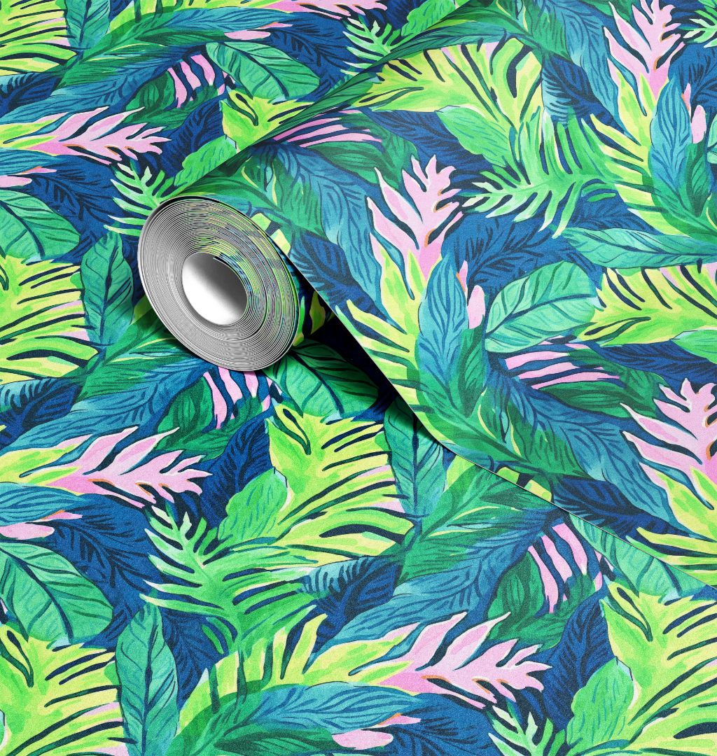 Roll of bold tropical leaf contact paper with layered green and pink foliage on a deep blue background