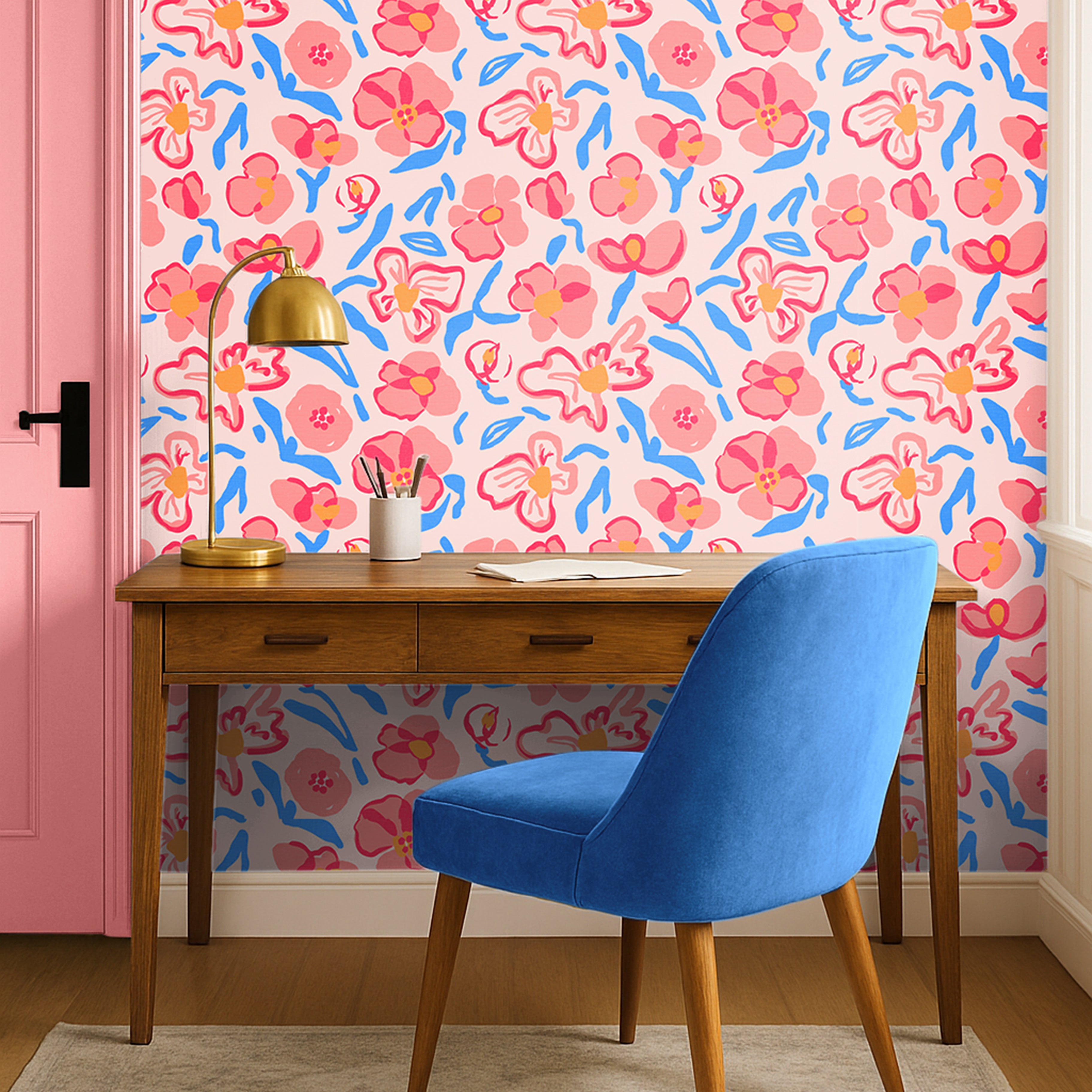 modern pink floral wallpaper with artistic blue detailing in nursery space