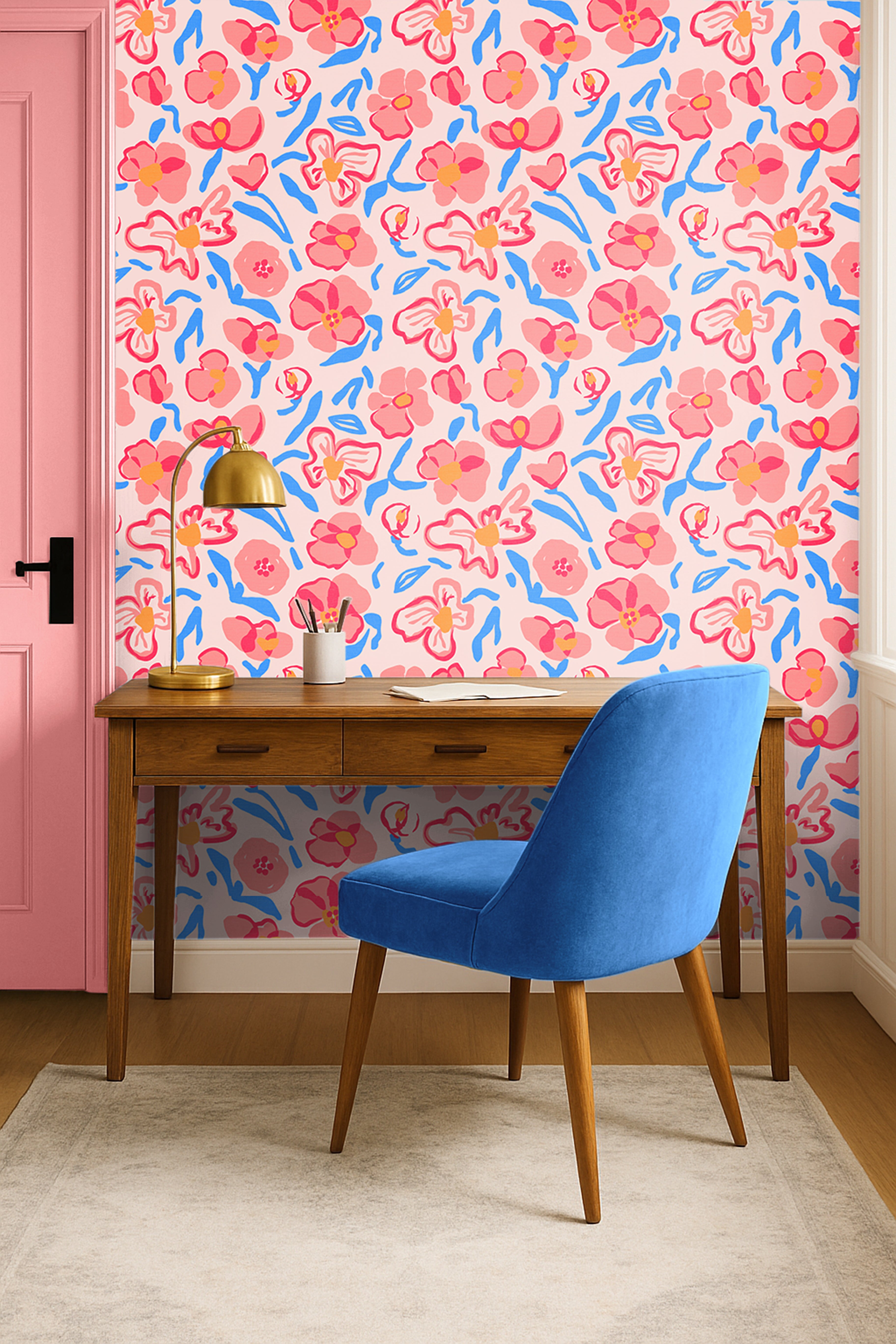 modern pink floral wallpaper with artistic blue detailing in nursery space