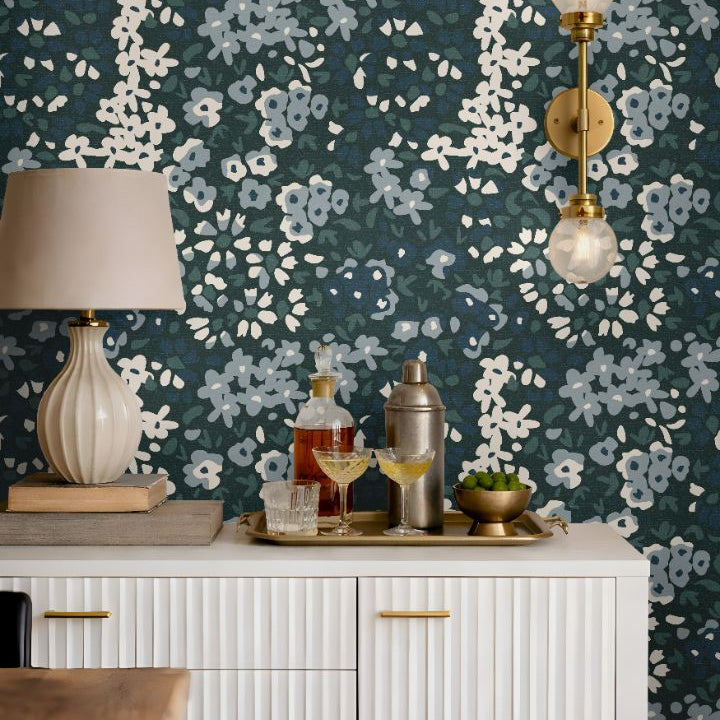 close up of blue green floral wallpaper with calico inspired botanical pattern
