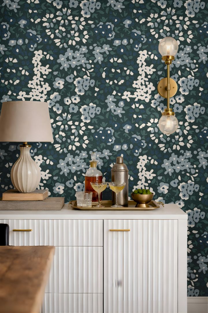 close up of blue green floral wallpaper with calico inspired botanical pattern
