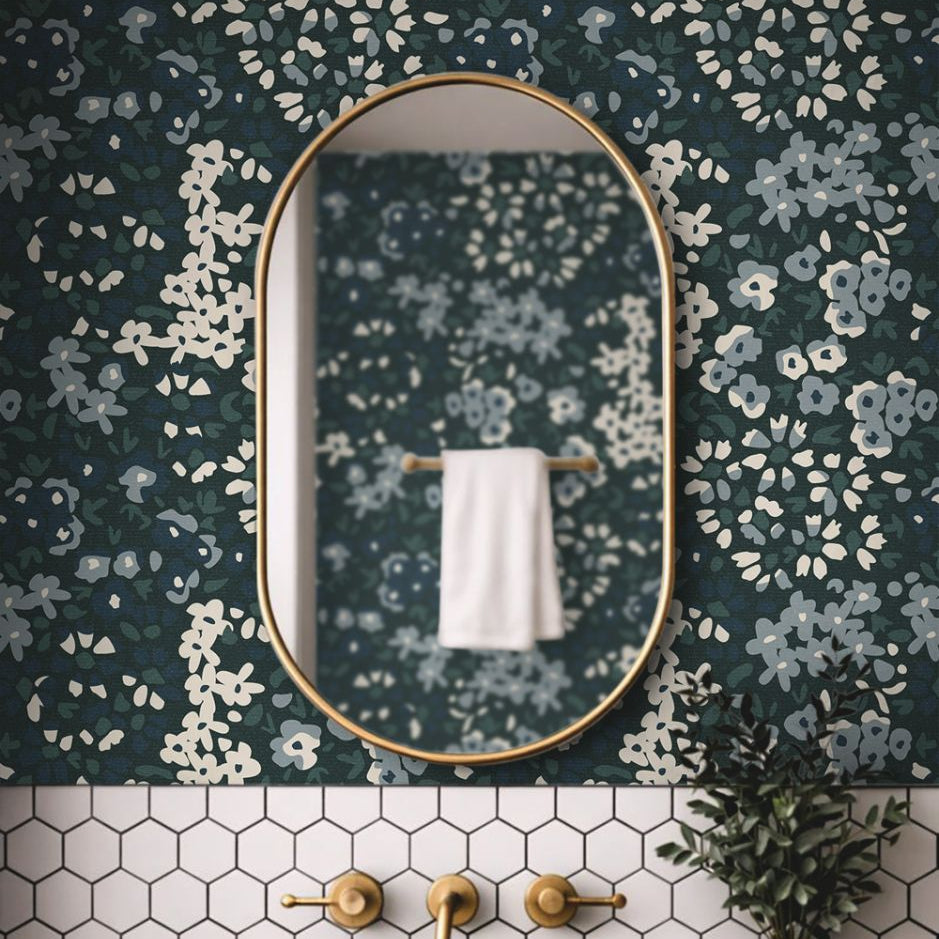  muted blue green floral wallpaper with botanical calico pattern in a styled interior