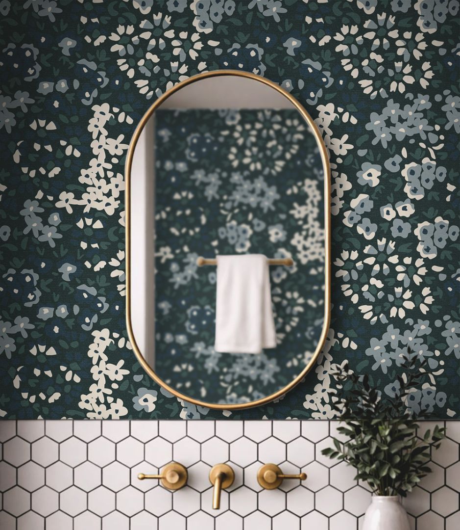  muted blue green floral wallpaper with botanical calico pattern in a styled interior