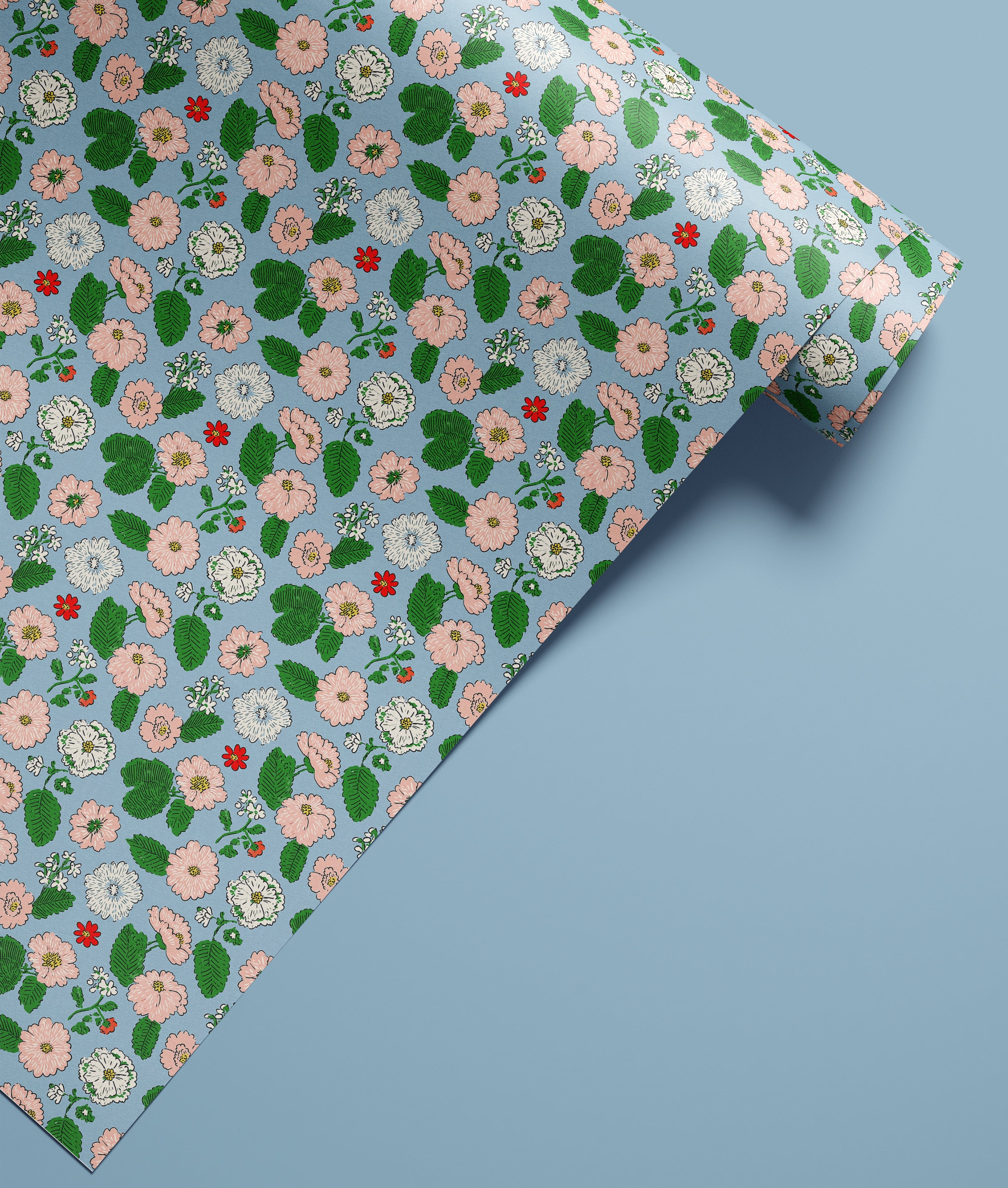 blue botanical contact paper with pink white and red flowers