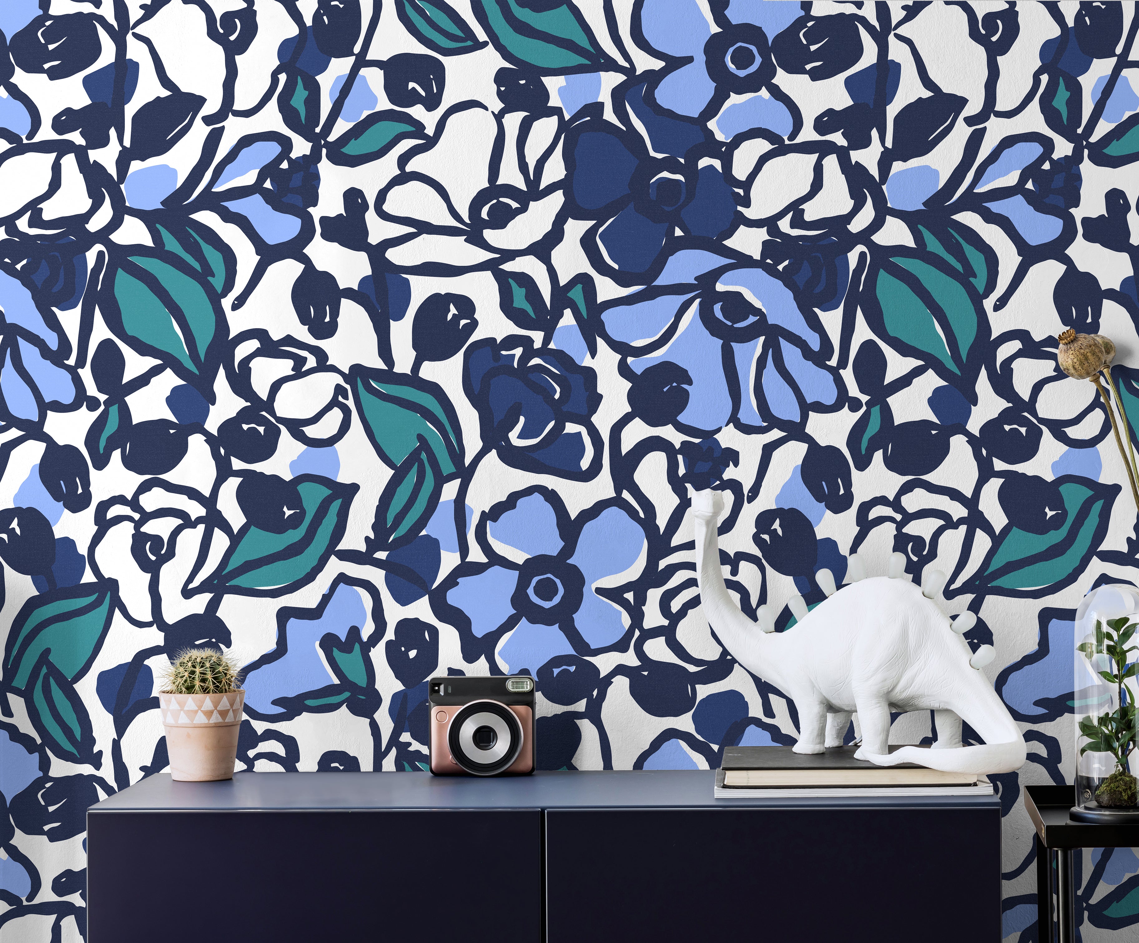  moody navy floral wallpaper in bedroom with expressive artistic blooms