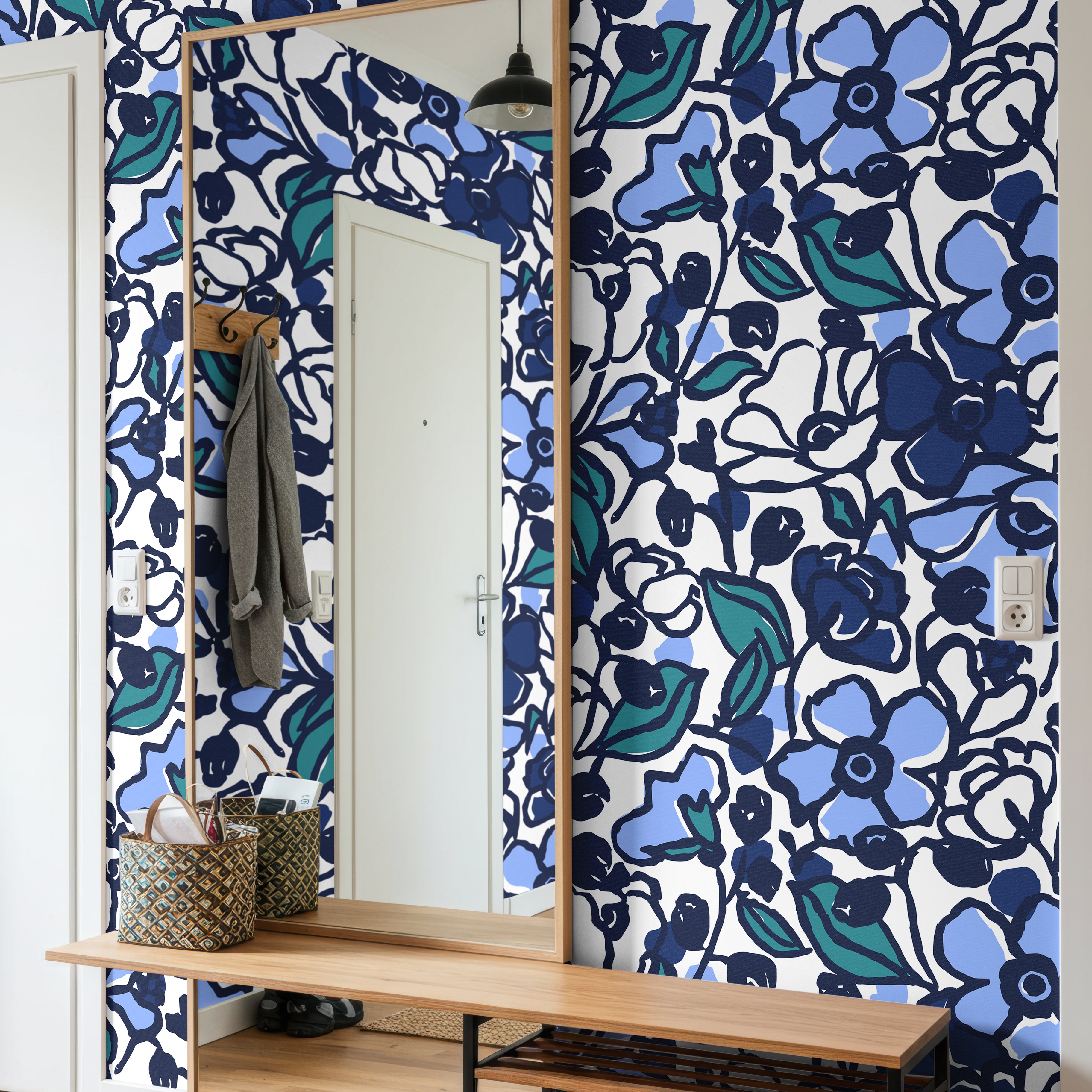 expressive floral wallpaper with painterly navy blooms in creative mudroom interior