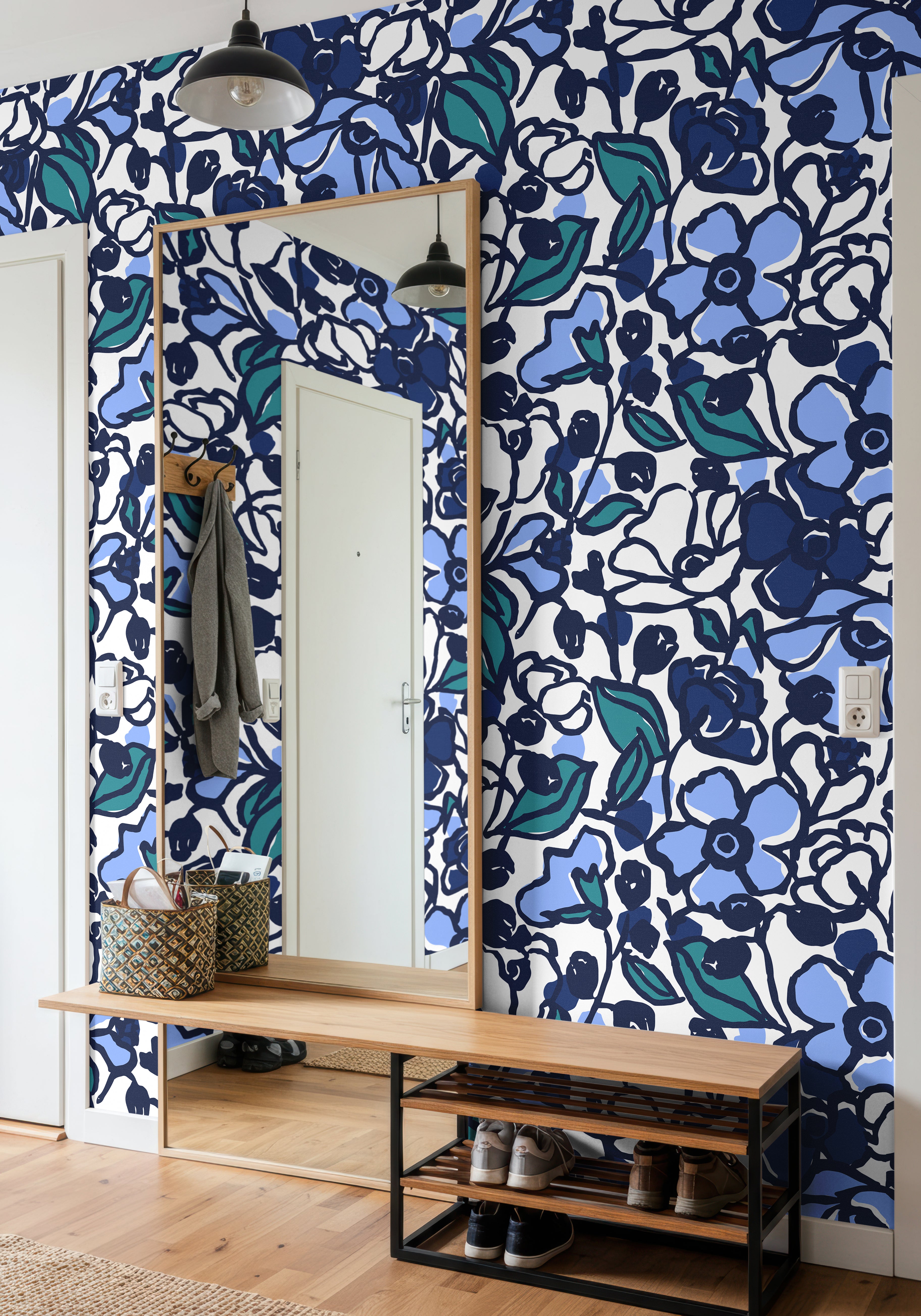 expressive floral wallpaper with painterly navy blooms in creative mudroom interior