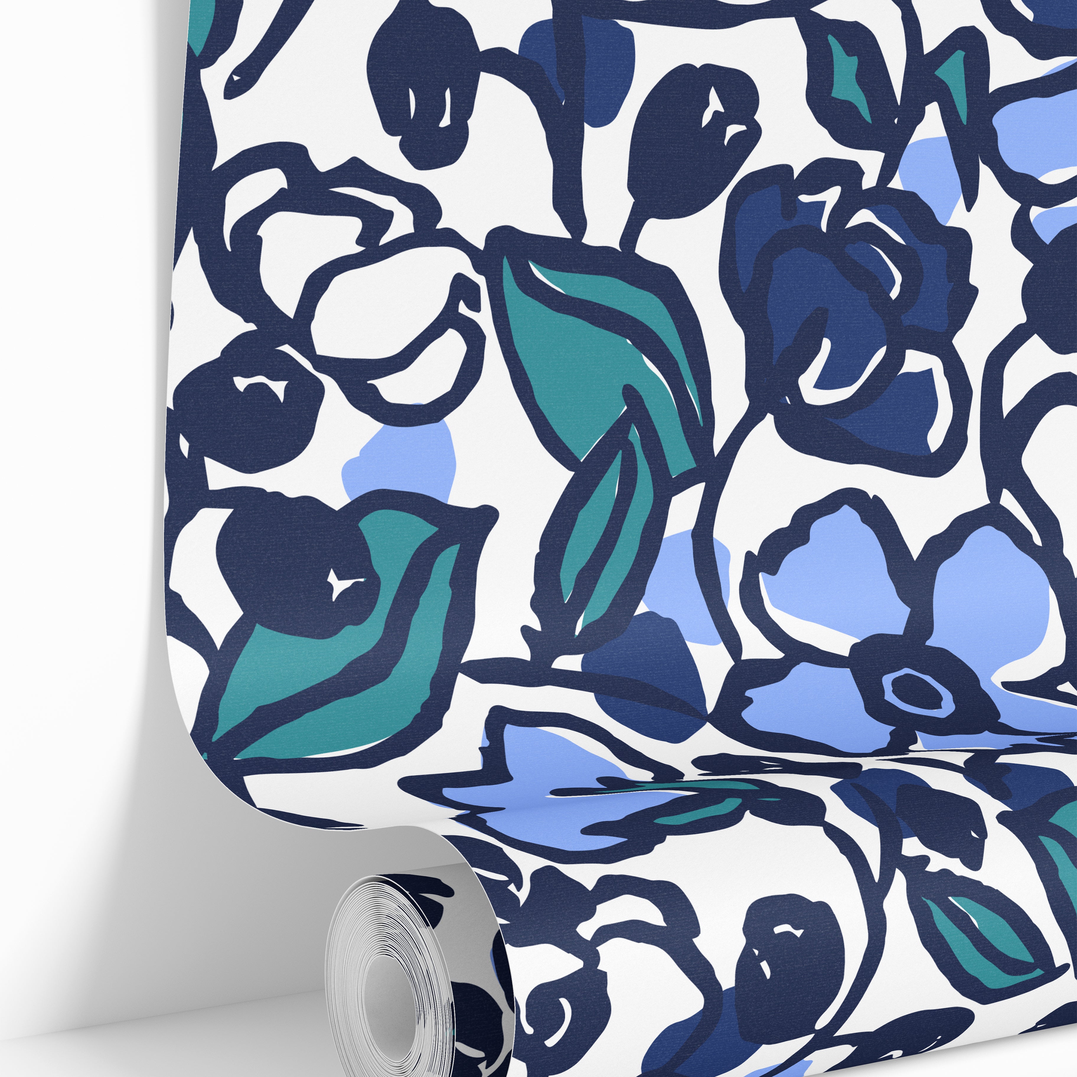  wallpaper roll showing expressive dark floral pattern with painterly navy blooms