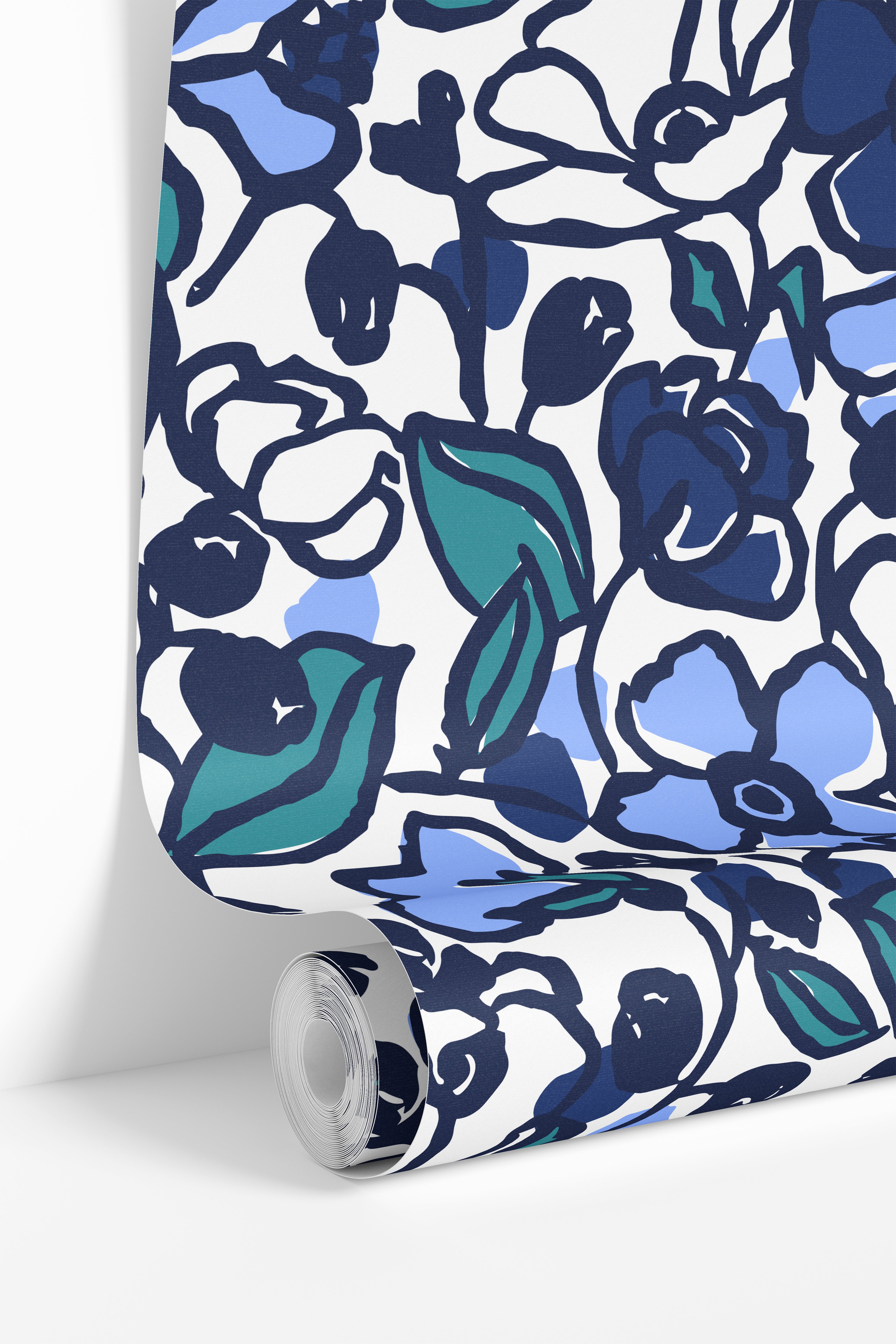  wallpaper roll showing expressive dark floral pattern with painterly navy blooms