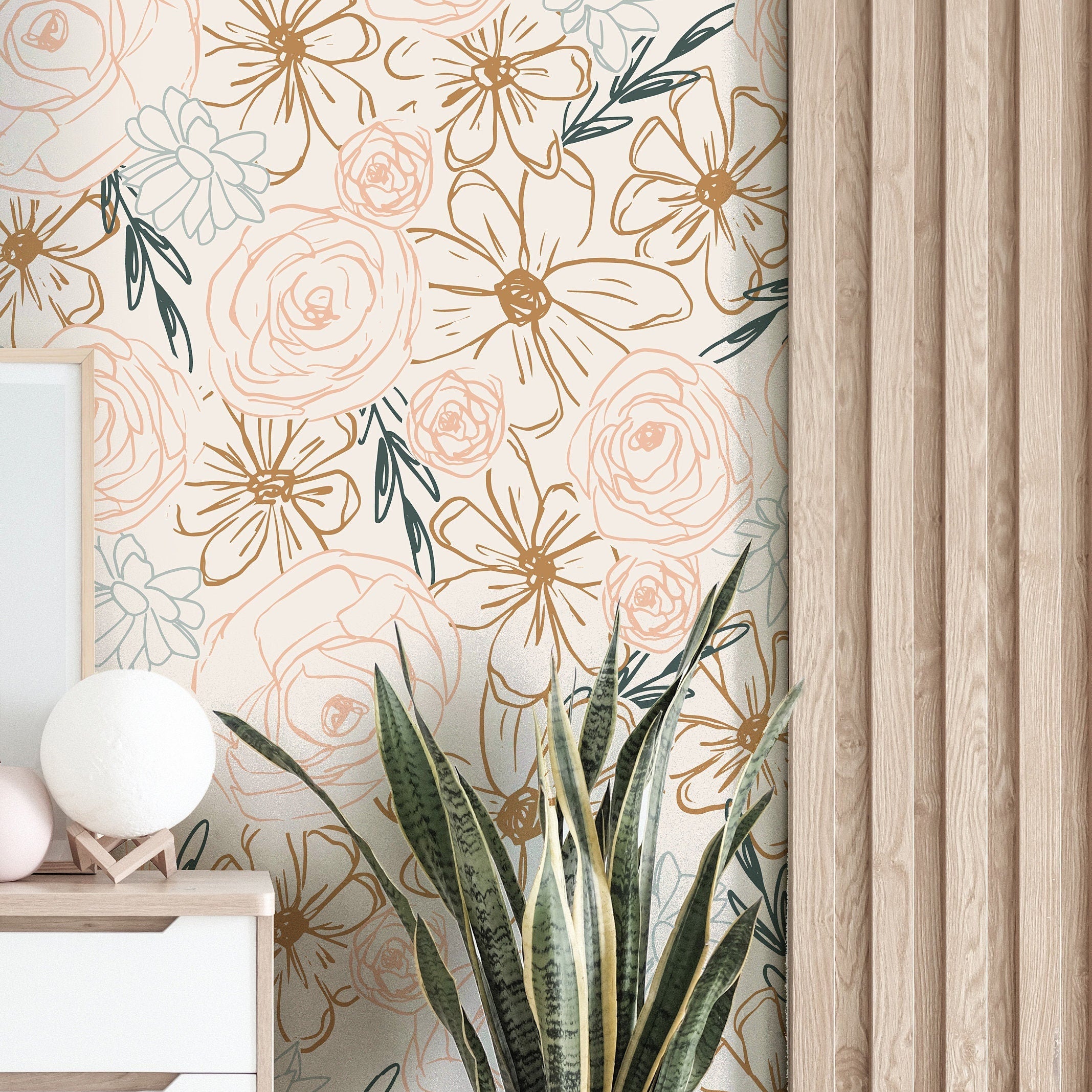 neutral sketch style floral wallpaper 157