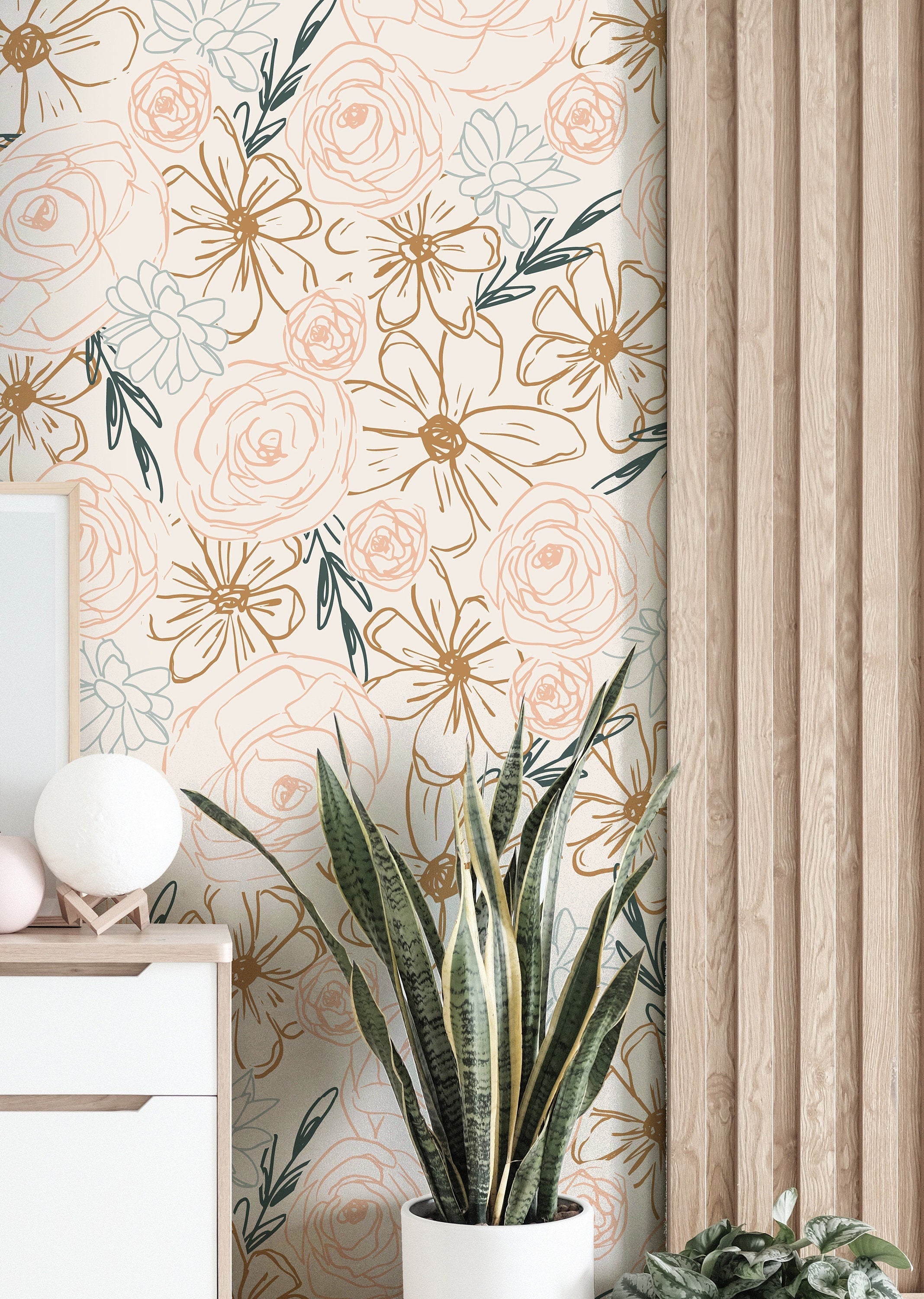 neutral sketch style floral wallpaper 157