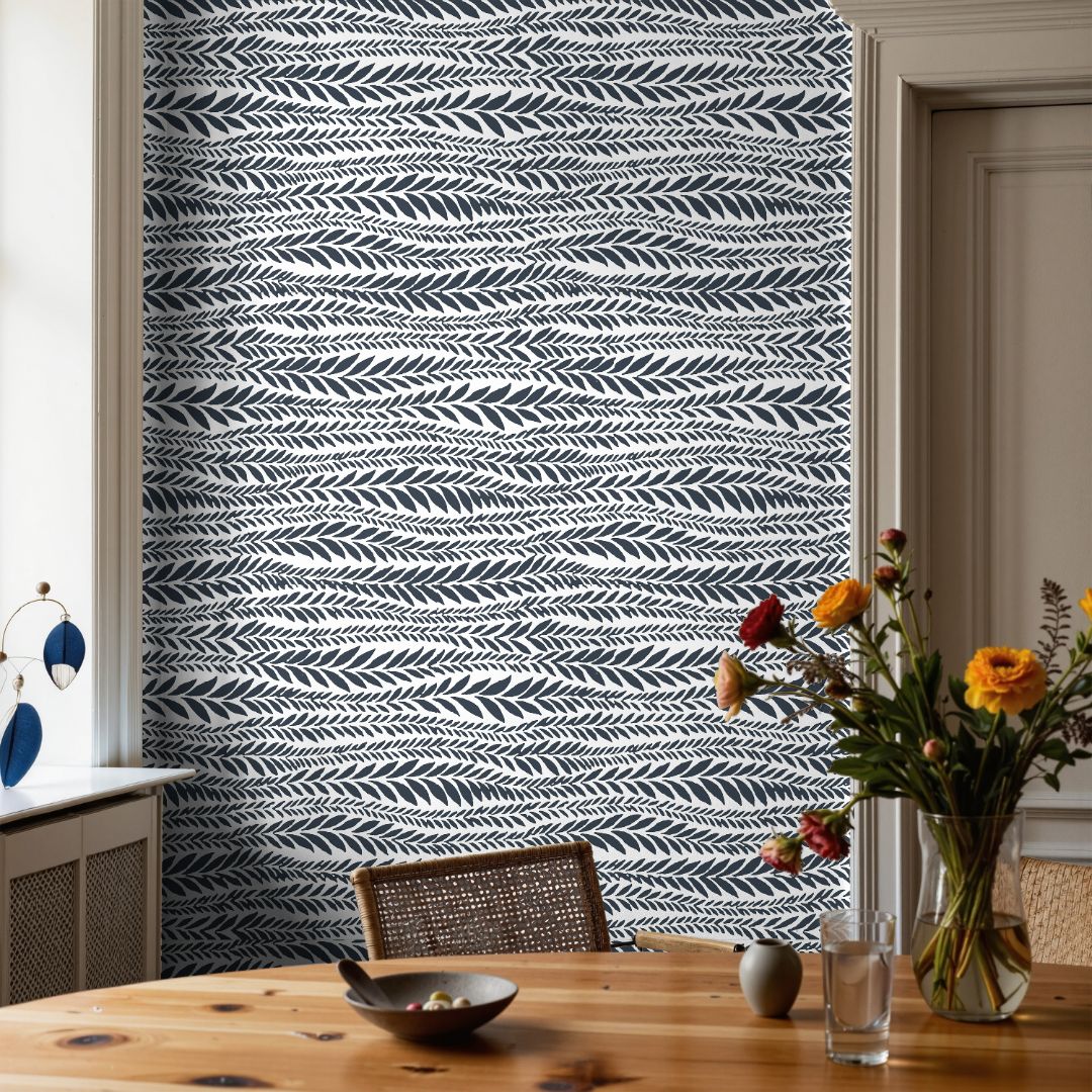 blue botanical stripe wallpaper laurel row in classic dining room interior