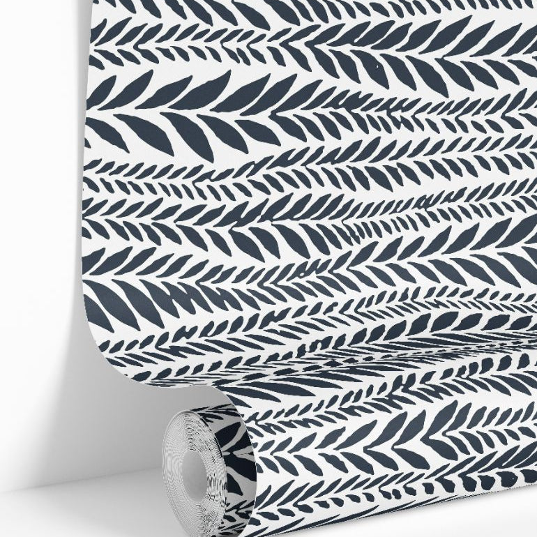 blue laurel leaf stripe wallpaper roll with refined botanical pattern