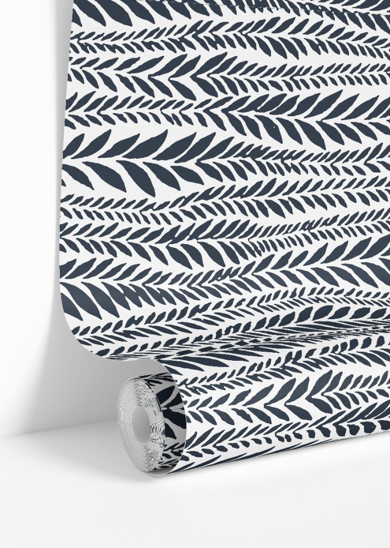 blue laurel leaf stripe wallpaper roll with refined botanical pattern