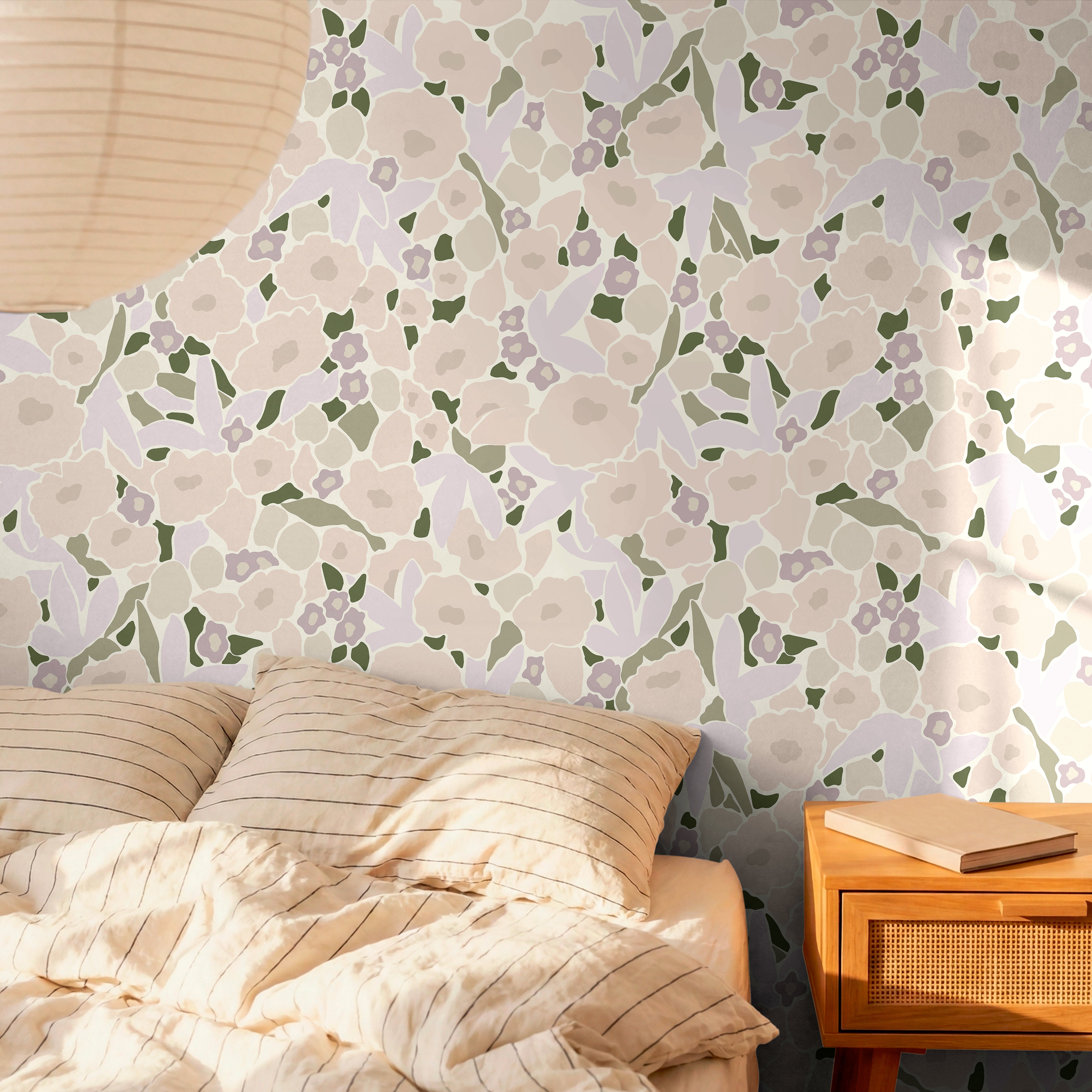 soft lavender floral wallpaper in bedroom creating a calm airy atmosphere