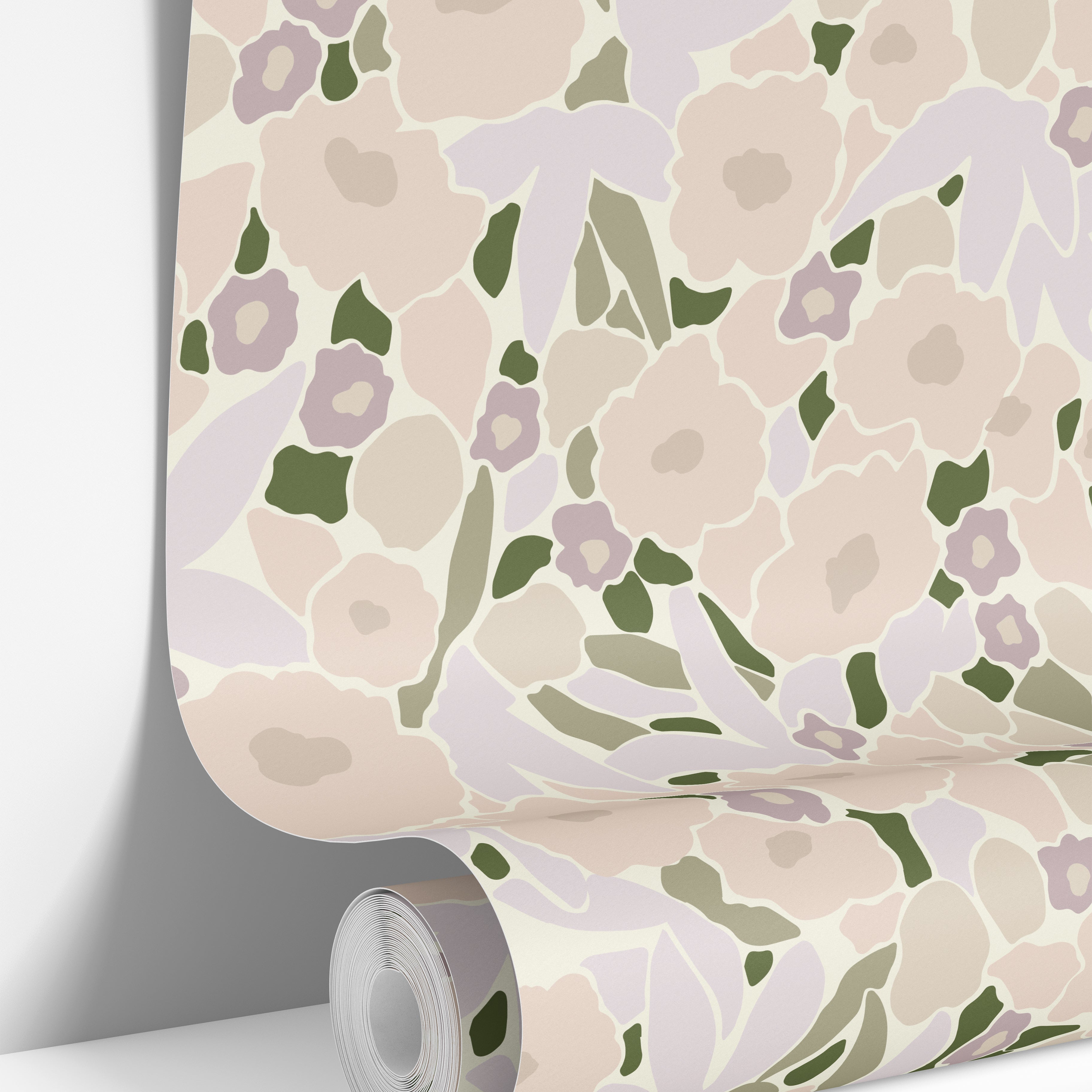close view of lavender floral outline wallpaper with delicate petal detail