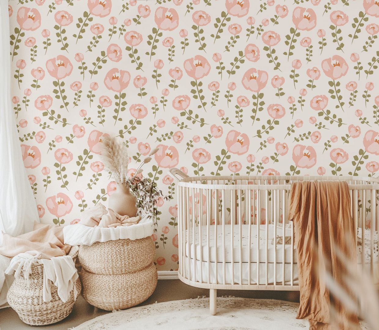 Close-up of Little Bloom Field wallpaper showing blush floral details and airy sage stems on a warm neutral background
