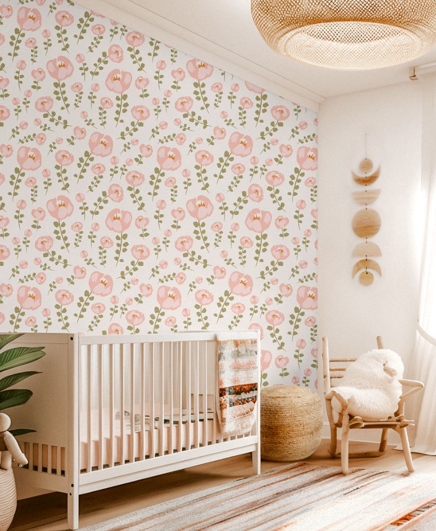 Little Bloom Field nursery wallpaper with soft blush florals and sage green stems creating a calm, neutral baby room