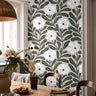 green botanical wallpaper in modern dining room with wood accents