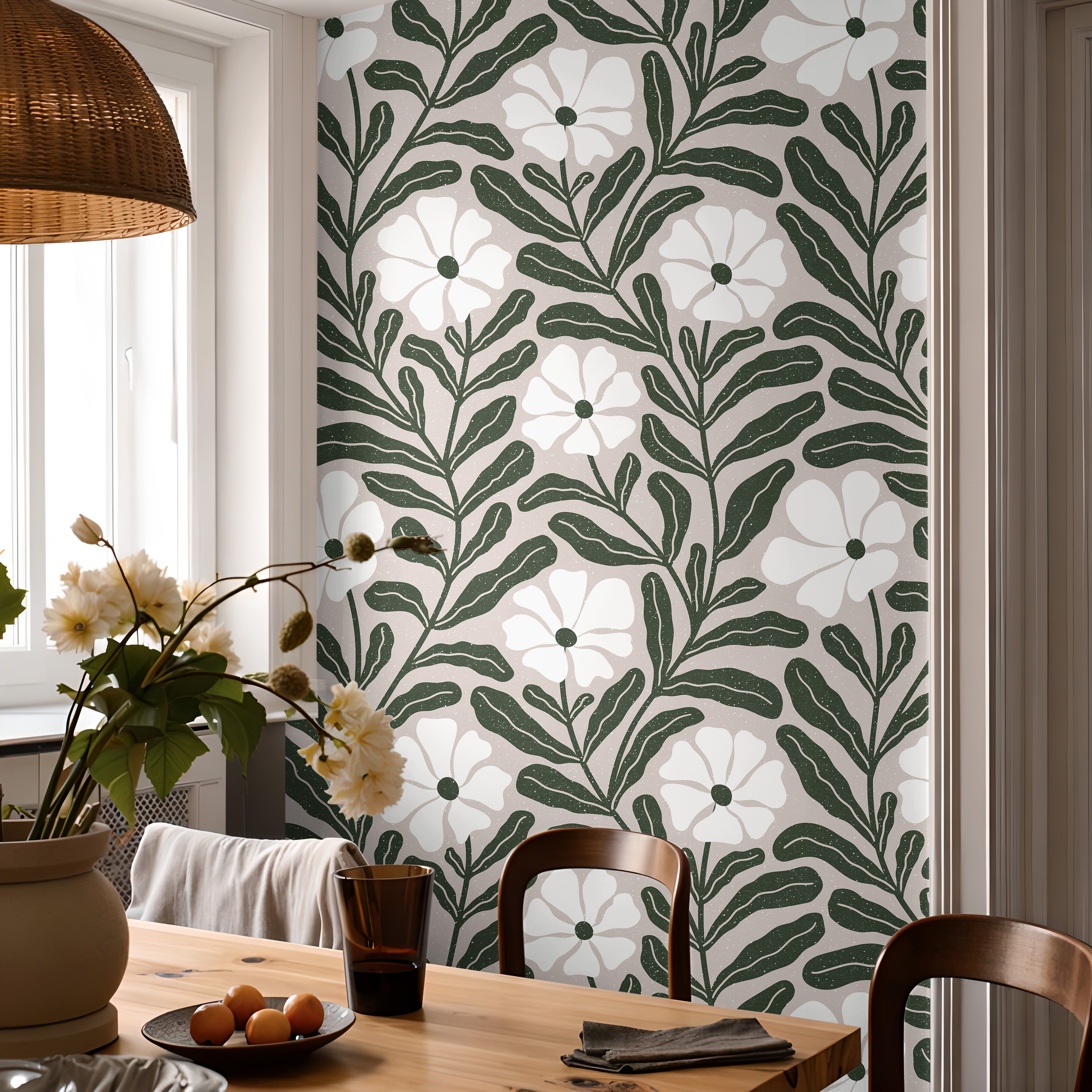 green botanical wallpaper in modern dining room with wood accents