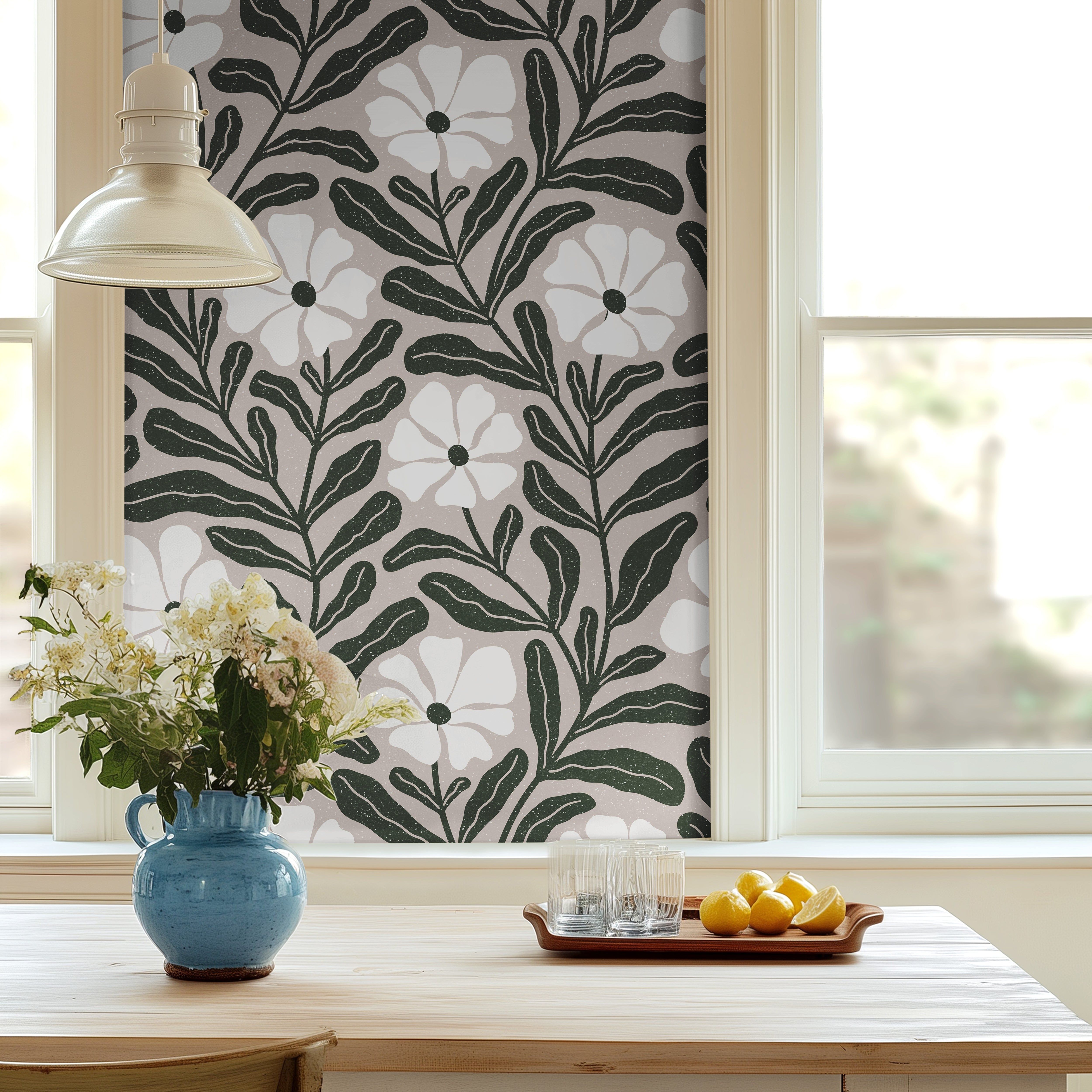 green floral botanical wallpaper on neutral background in bright kitchen setting