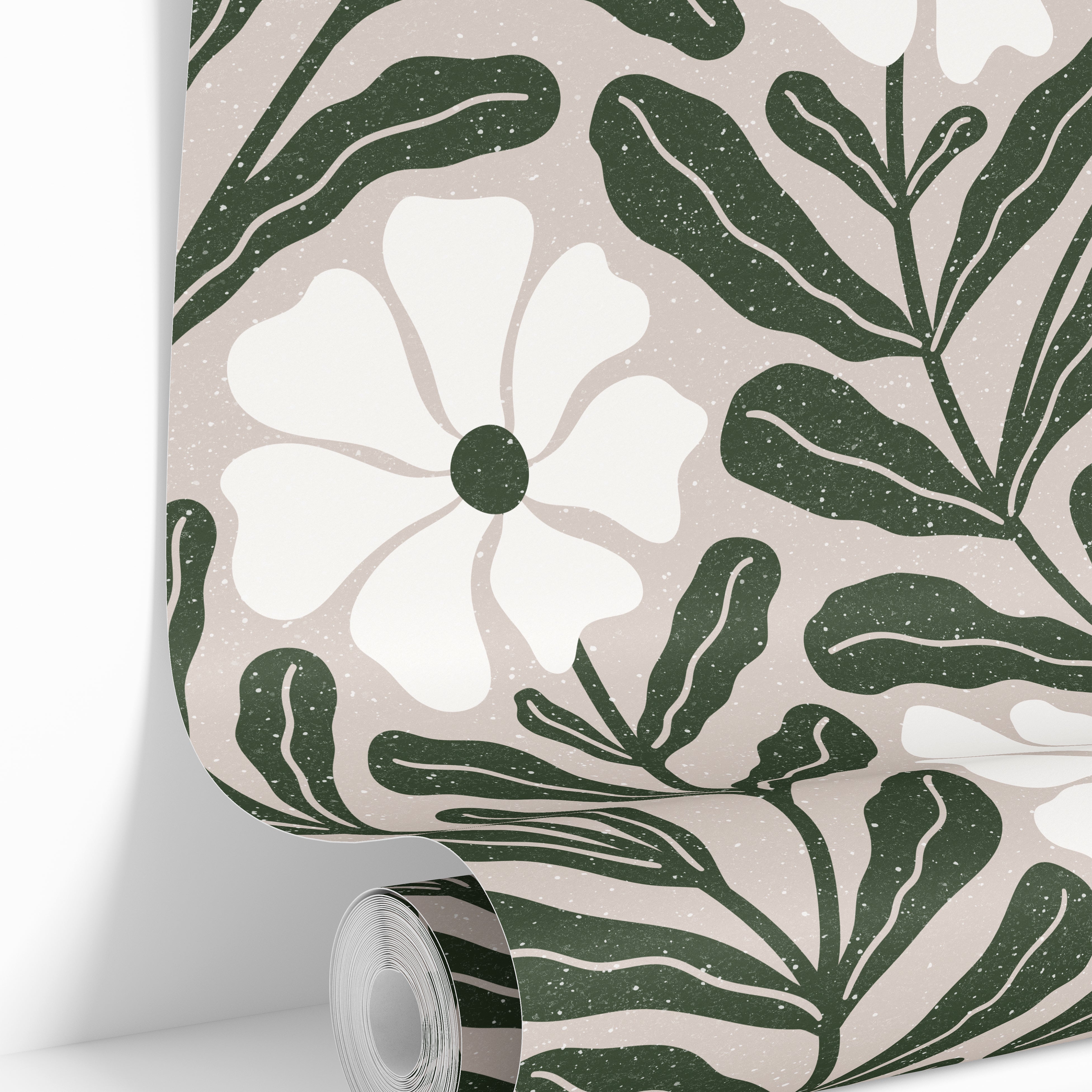 green floral wallpaper roll with white flowers on neutral background