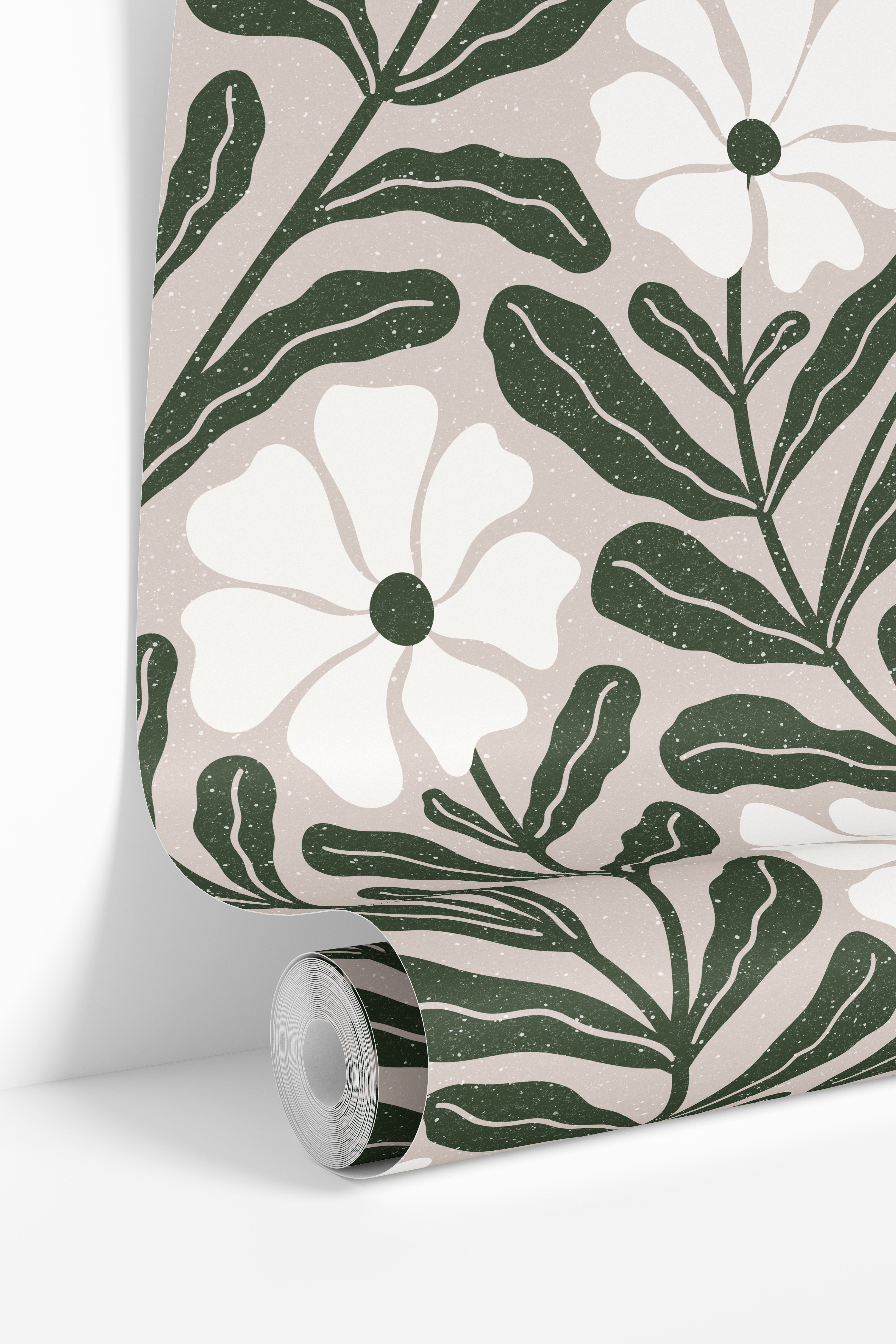green floral wallpaper roll with white flowers on neutral background
