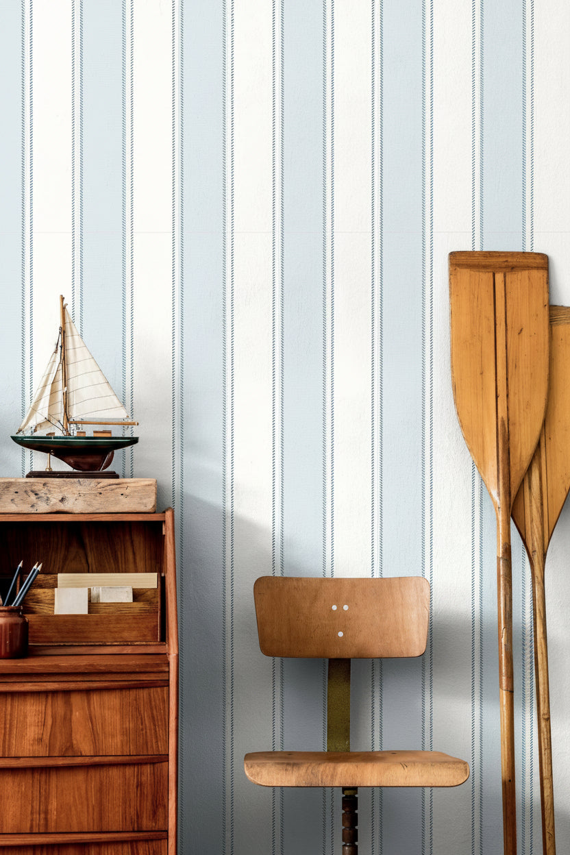 blue and green stripe wallpaper in bedroom with clean tailored pinstripe design