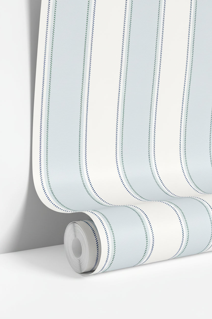 wallpaper roll showing blue and green stripe pattern with subtle pinstripe texture