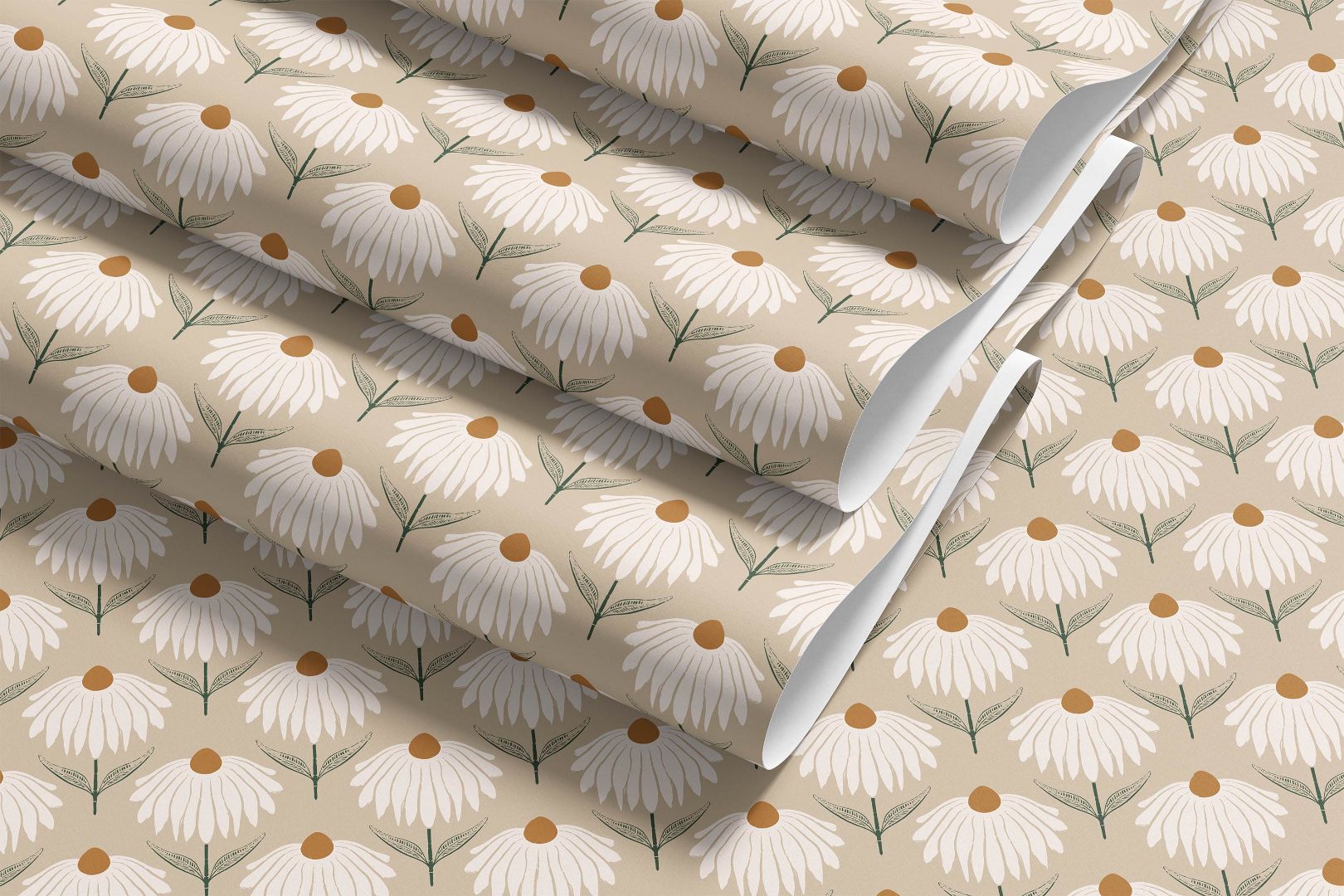 Roll of Luxe Chamomile Peel and Stick Contact Paper showing Luxe Chamomile patterned background with white florals