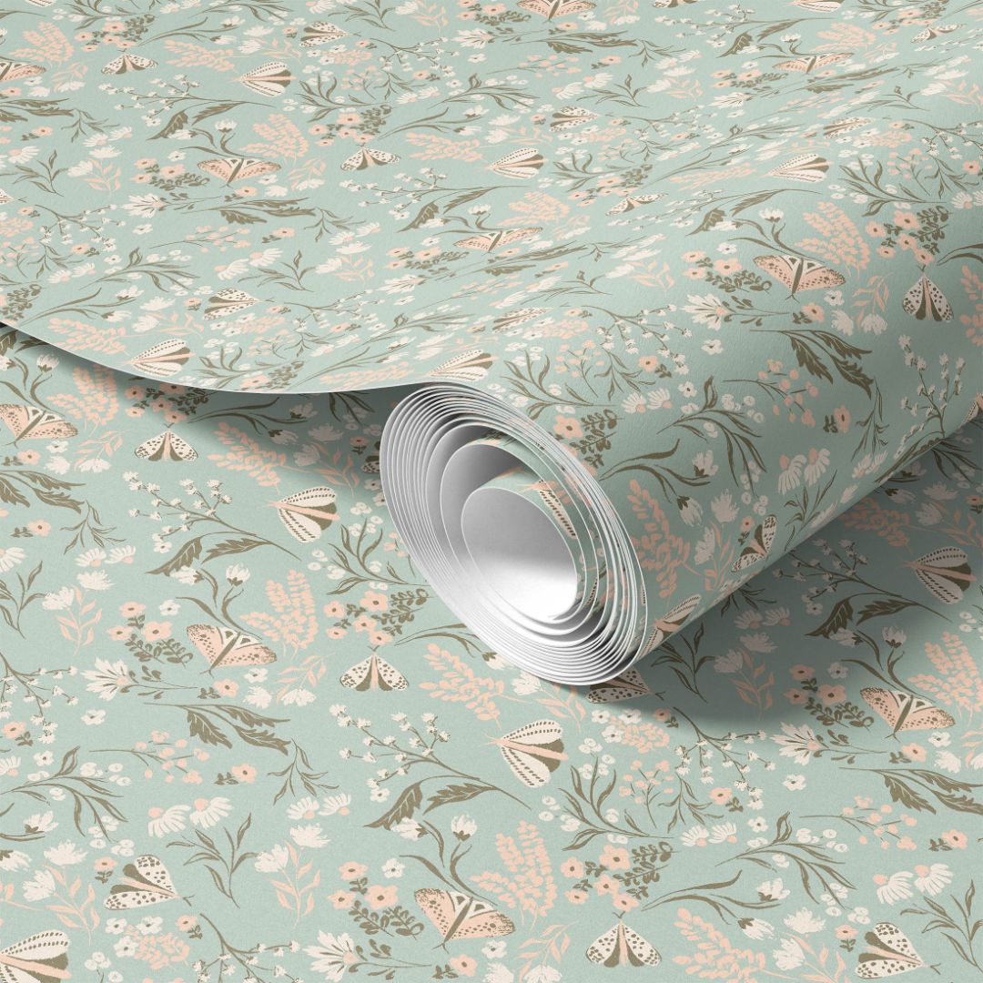 Maison Verde Contact Paper detailed rolled view showing floral and butterfly pattern on a mint green background