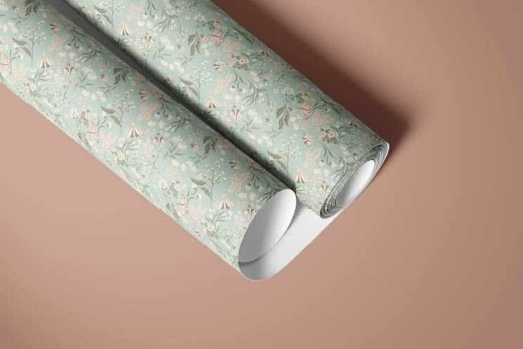 Maison Verde Contact Paper rolled view showing mint green floral and butterfly pattern with luxury matte finish