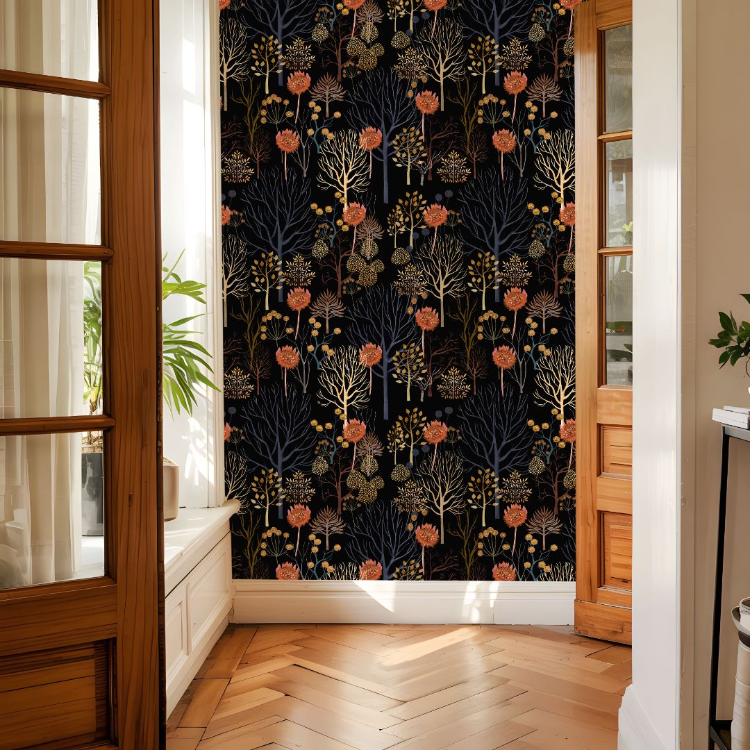 Maple Noir wallpaper accent wall with golden branches and florals in warm sunlight