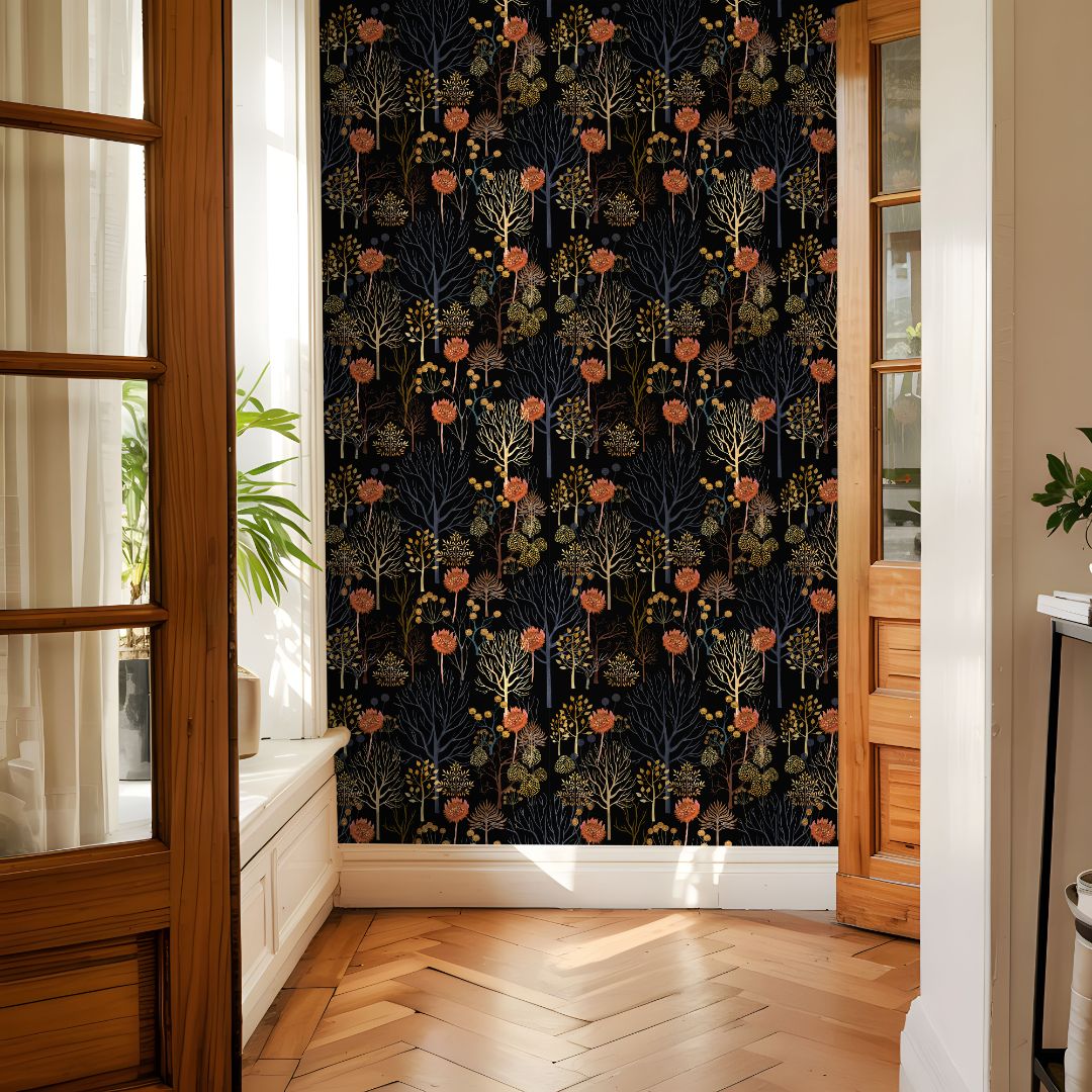 Maple Noir wallpaper accent wall with golden branches and florals in warm sunlight