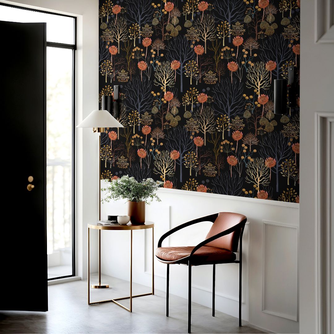 Modern room with Maple Noir wallpaper, featuring golden trees and warm copper tones