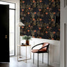 Modern room with Maple Noir wallpaper, featuring golden trees and warm copper tones