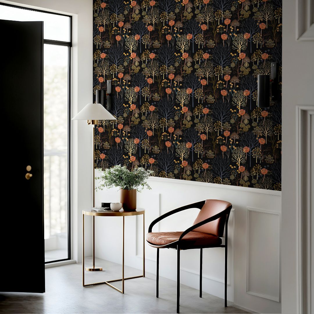 Modern room with Maple Noir wallpaper, featuring golden trees and warm copper tones