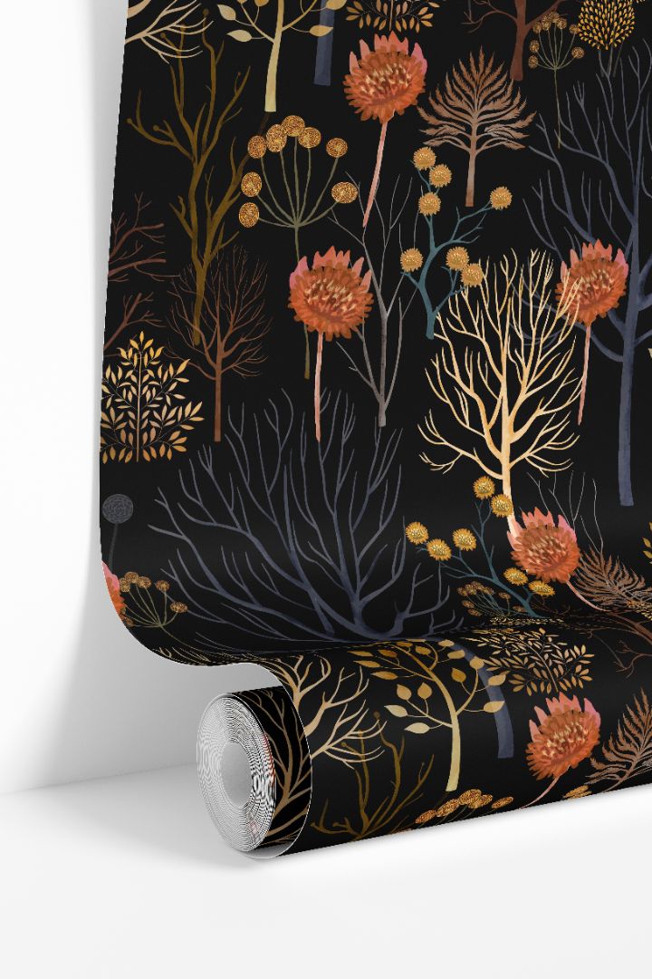 Maple Noir wallpaper roll showing black background with golden and rust florals by James & Colors