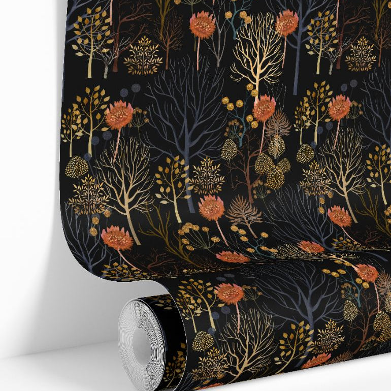 Maple Noir wallpaper roll showing black background with golden and rust florals by James & Colors