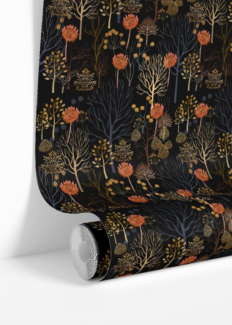Maple Noir wallpaper roll showing black background with golden and rust florals by James & Colors