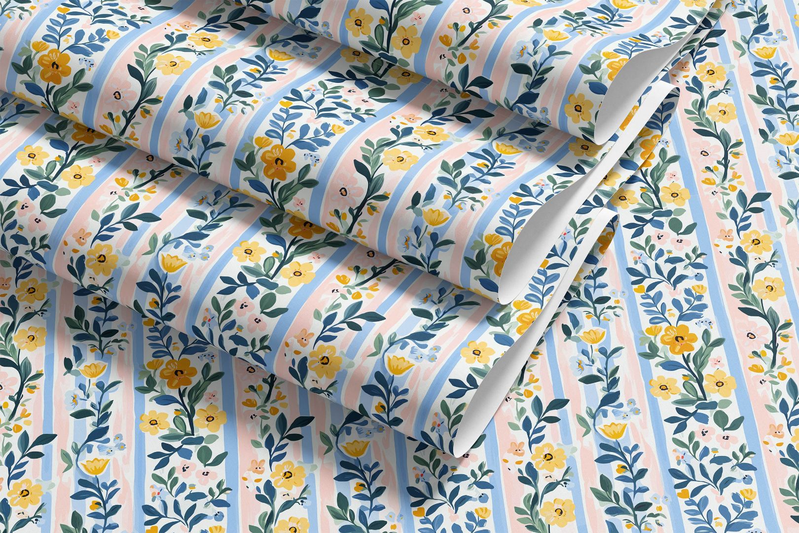 Marigold Manor Peel and Stick Contact Paper showing hand-drawn marigold flowers with pink and blue stripe design