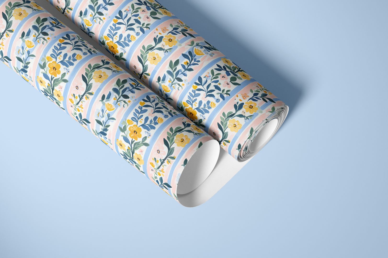 Marigold Manor Peel and Stick Contact Paper rolls styled on blue background with luxury floral stripe design