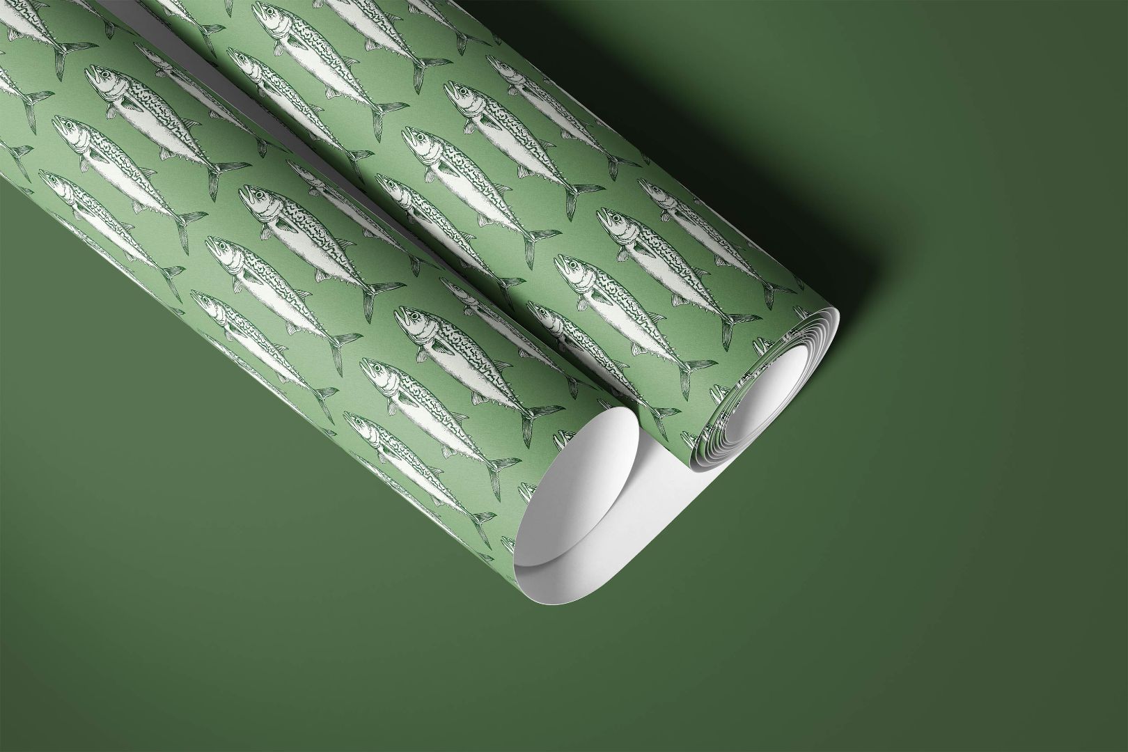 Mariner’s Catch Contact Paper roll with green background and hand-drawn fish pattern