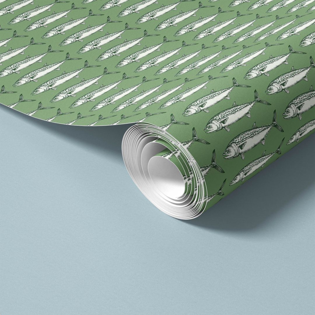 Mariner’s Catch Contact Paper showcasing repeating fish pattern on blue background