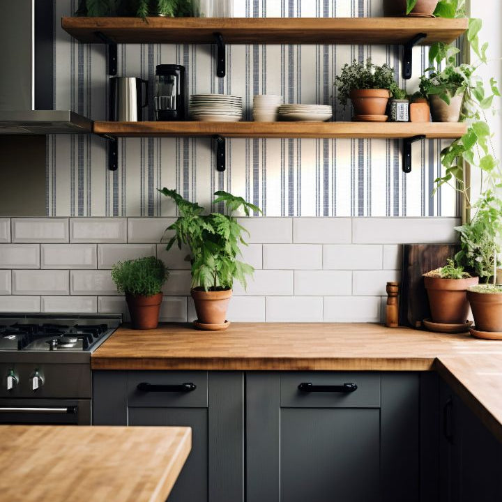 Mariner’s Thread Wallpaper 2267 styled in a bright kitchen with wooden shelves and green plants for a coastal look.