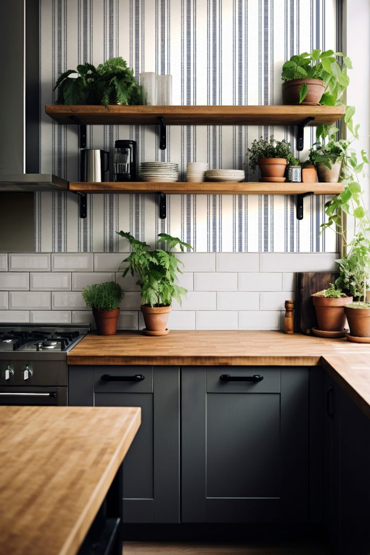 Mariner’s Thread Wallpaper 2267 styled in a bright kitchen with wooden shelves and green plants for a coastal look.