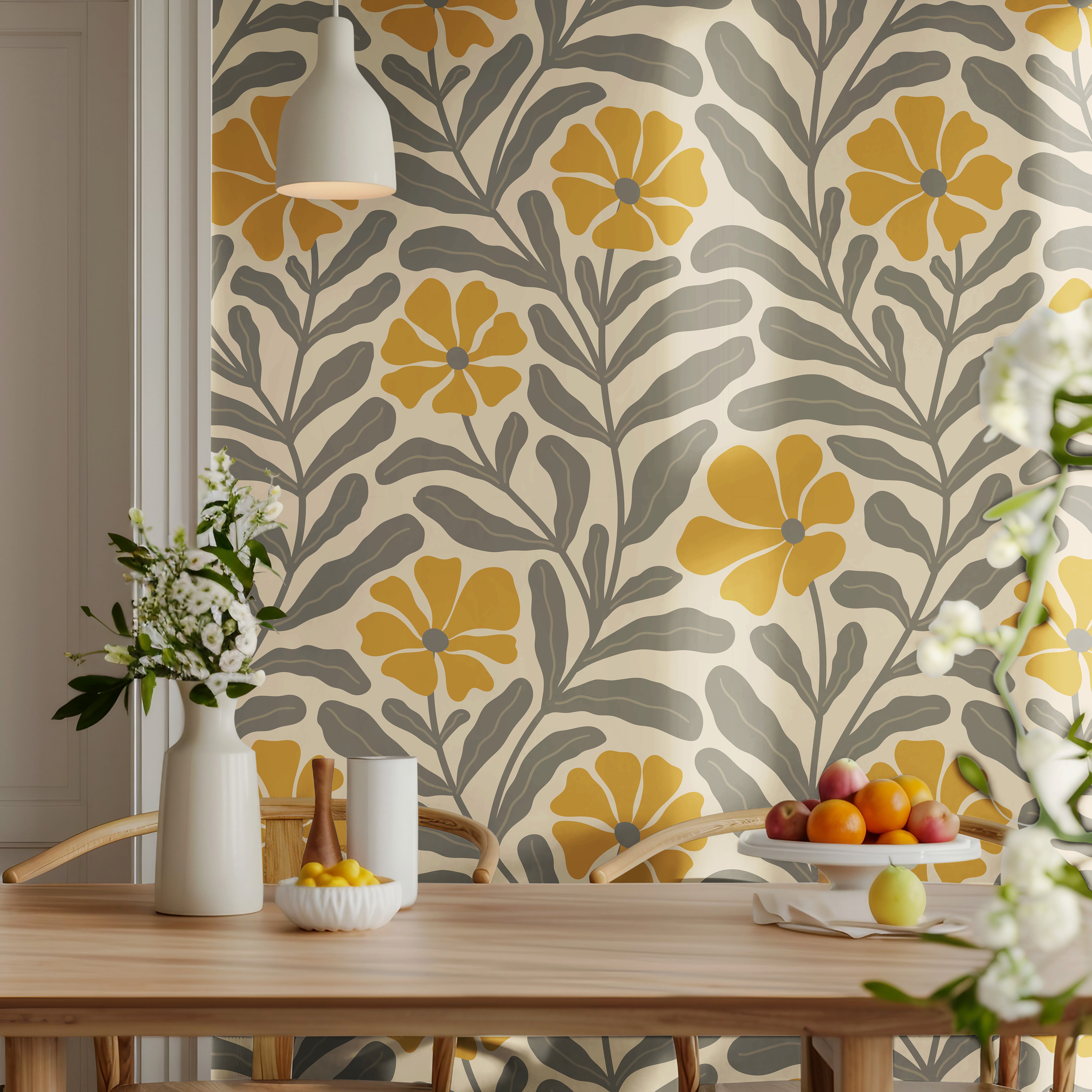 Mid-century inspired floral wallpaper with warm golden flowers creating a soft nostalgic interior atmosphere.