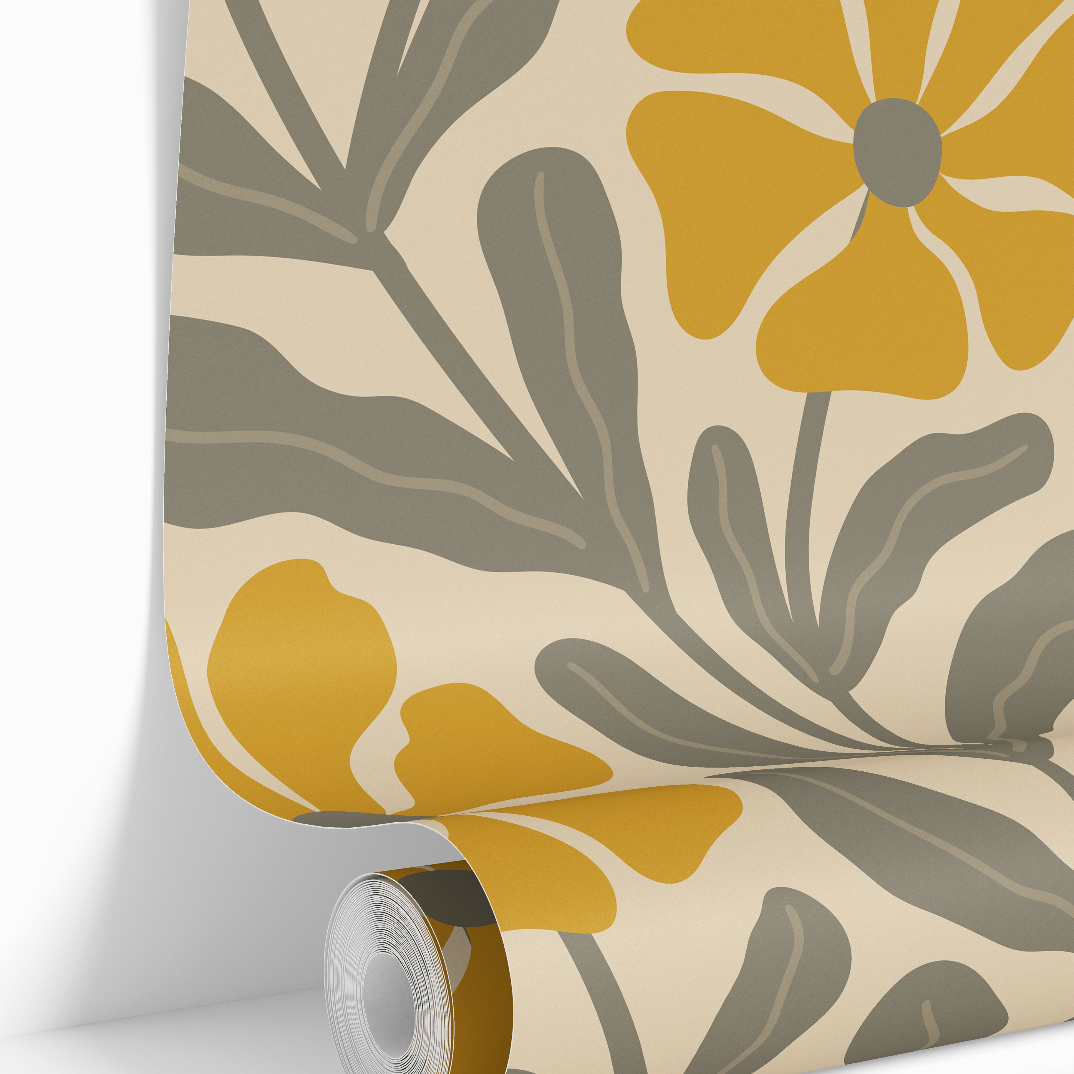 Wallpaper roll featuring Mariwell floral wallpaper with golden floral blooms and taupe botanical stems