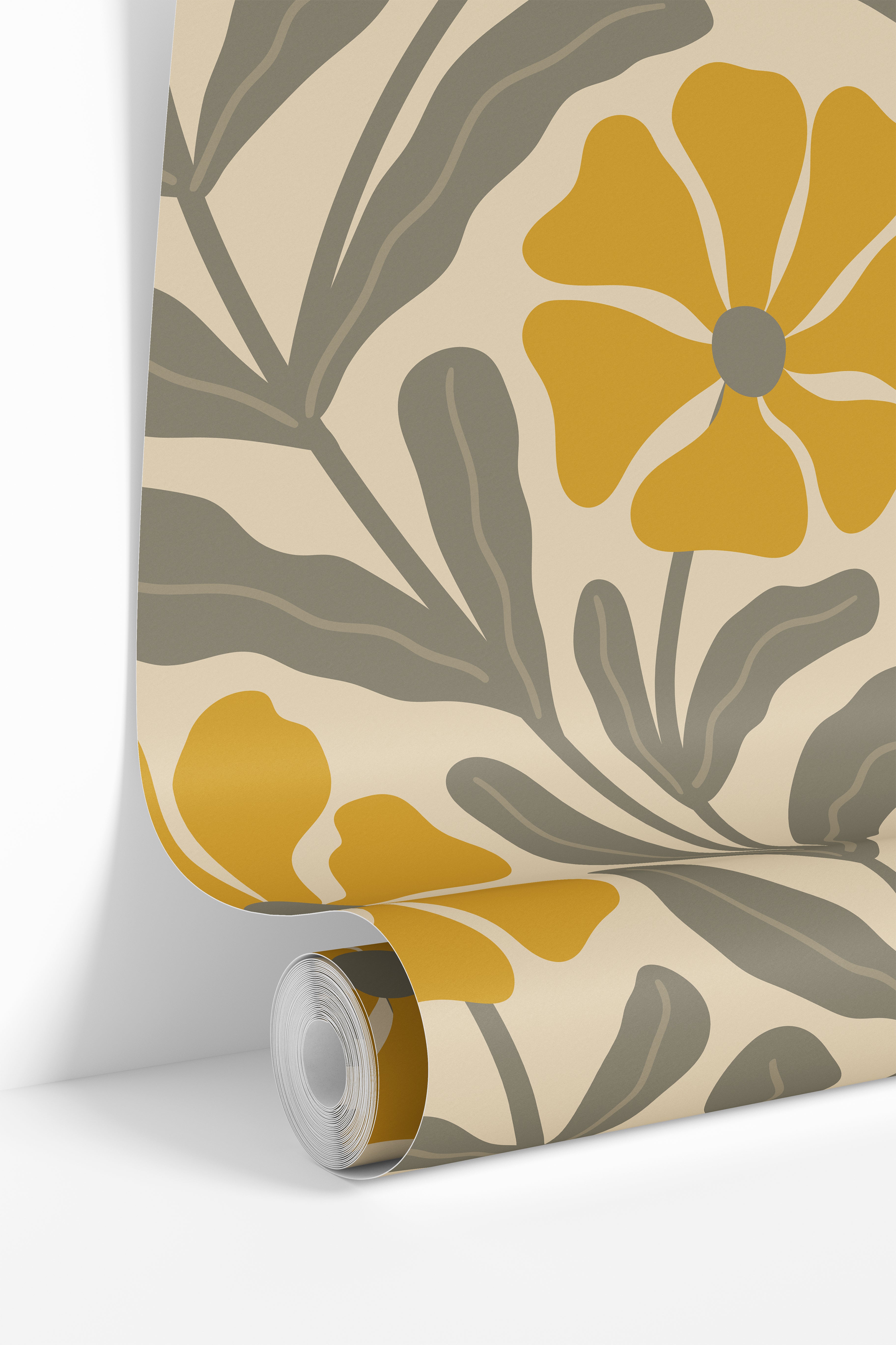 Wallpaper roll featuring Mariwell floral wallpaper with golden floral blooms and taupe botanical stems