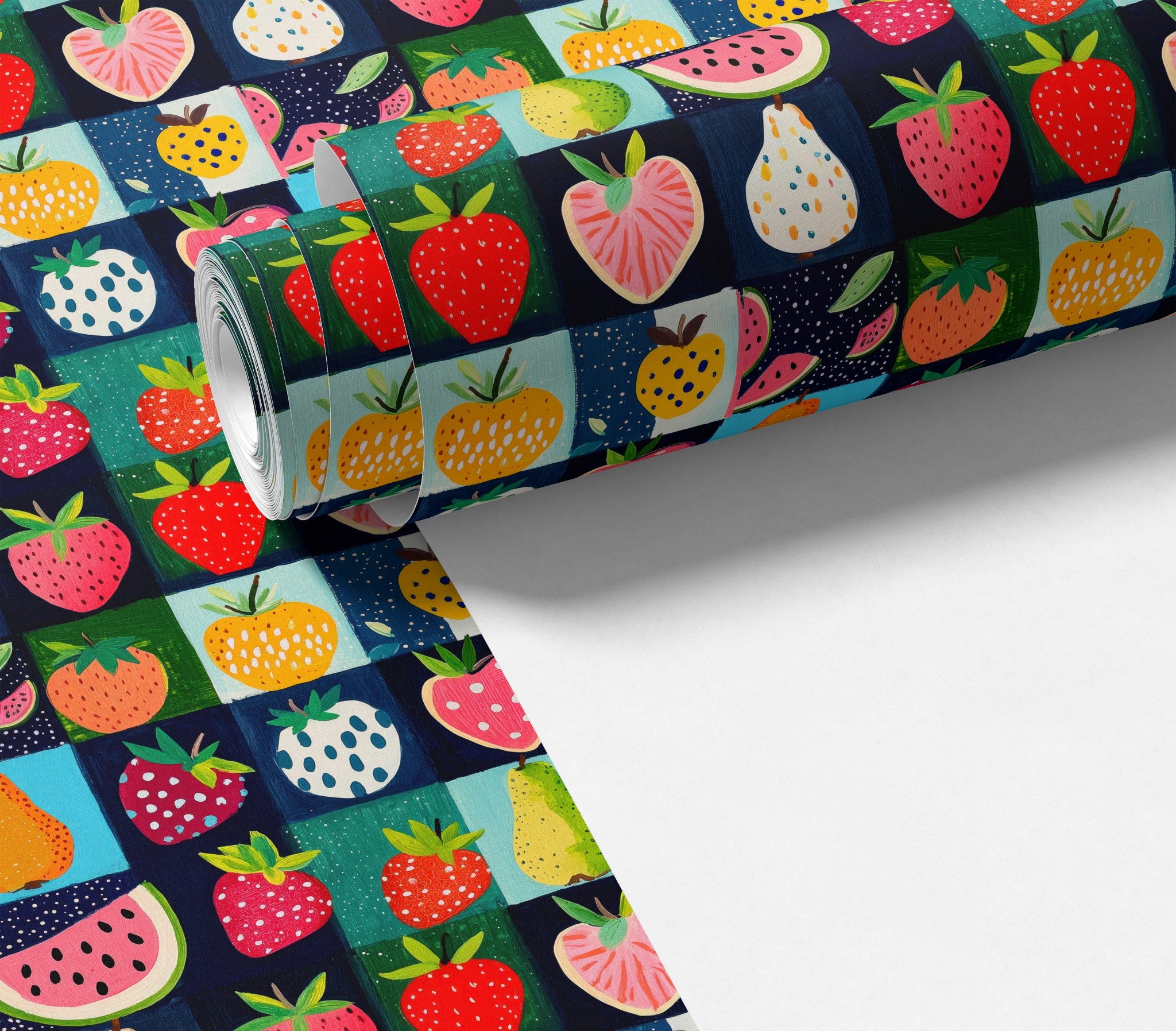 contact paper roll showing colorful fruit tile pattern for cabinets shelves and furniture surfaces